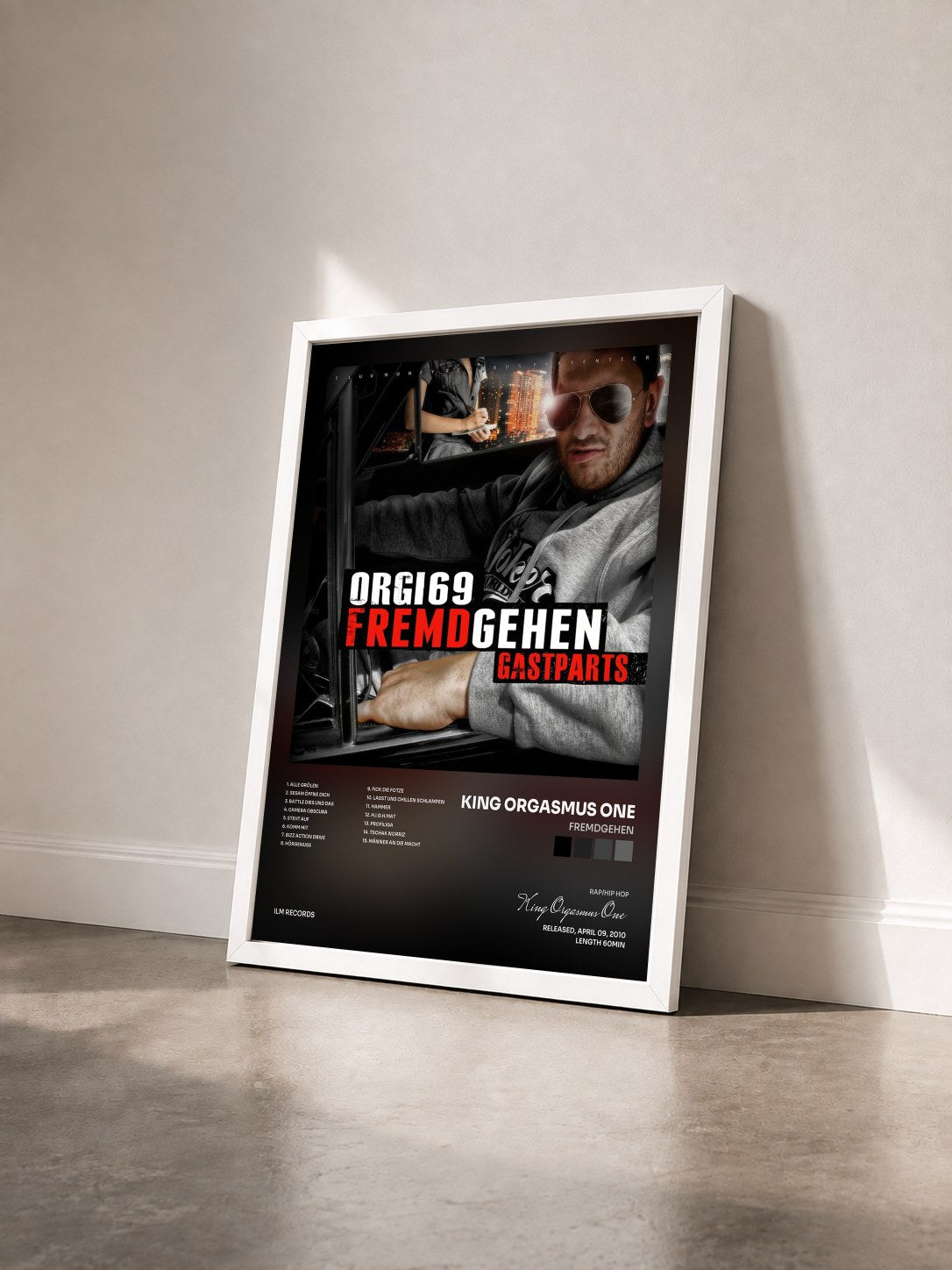 #blanc Tableau de l'album Fremdgehen de King Orgasmus One vu de trois quarts, cadre blanc