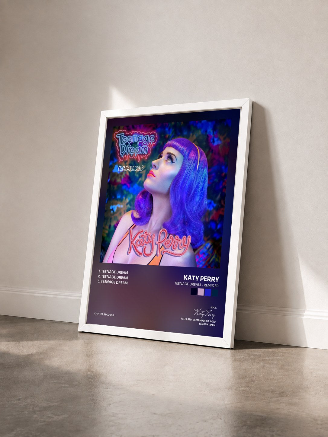 #blanc Tableau de l'album Teenage Dream - Remix EP de Katy Perry vu de trois quarts, cadre blanc
