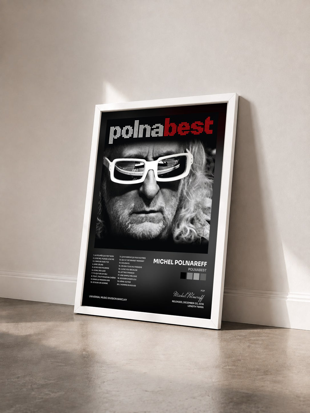 #blanc Polnabest von Michel Polnareff als gerahmter Kunstdruck von schräg gesehen, weißer Rahmen