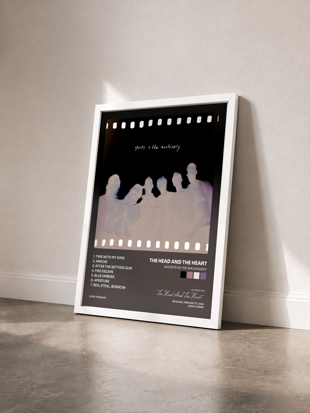 #blanc Tableau de l'album Ghosts In The Machinery de The Head And The Heart vu de trois quarts, cadre blanc
