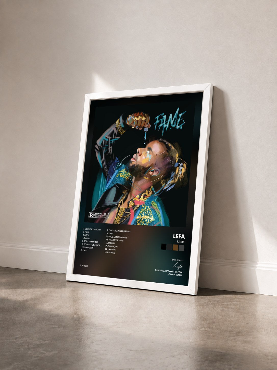 #blanc Tableau de l'album FAME de Lefa vu de trois quarts, cadre blanc