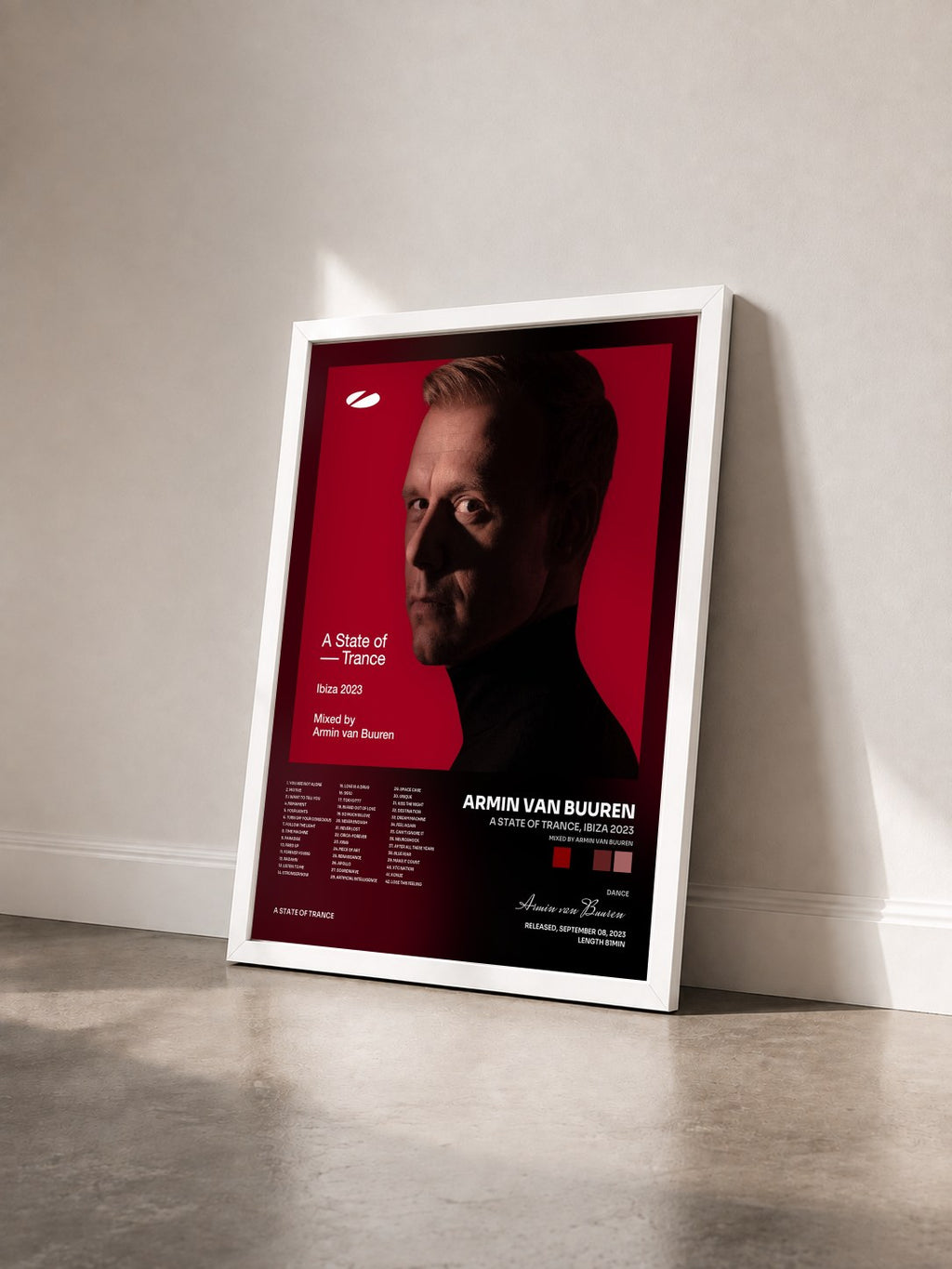 #blanc A State of Trance, Ibiza 2023 (Mixed by Armin van Buuren) by Armin van Buuren as a framed art print seen at an angle, white frame