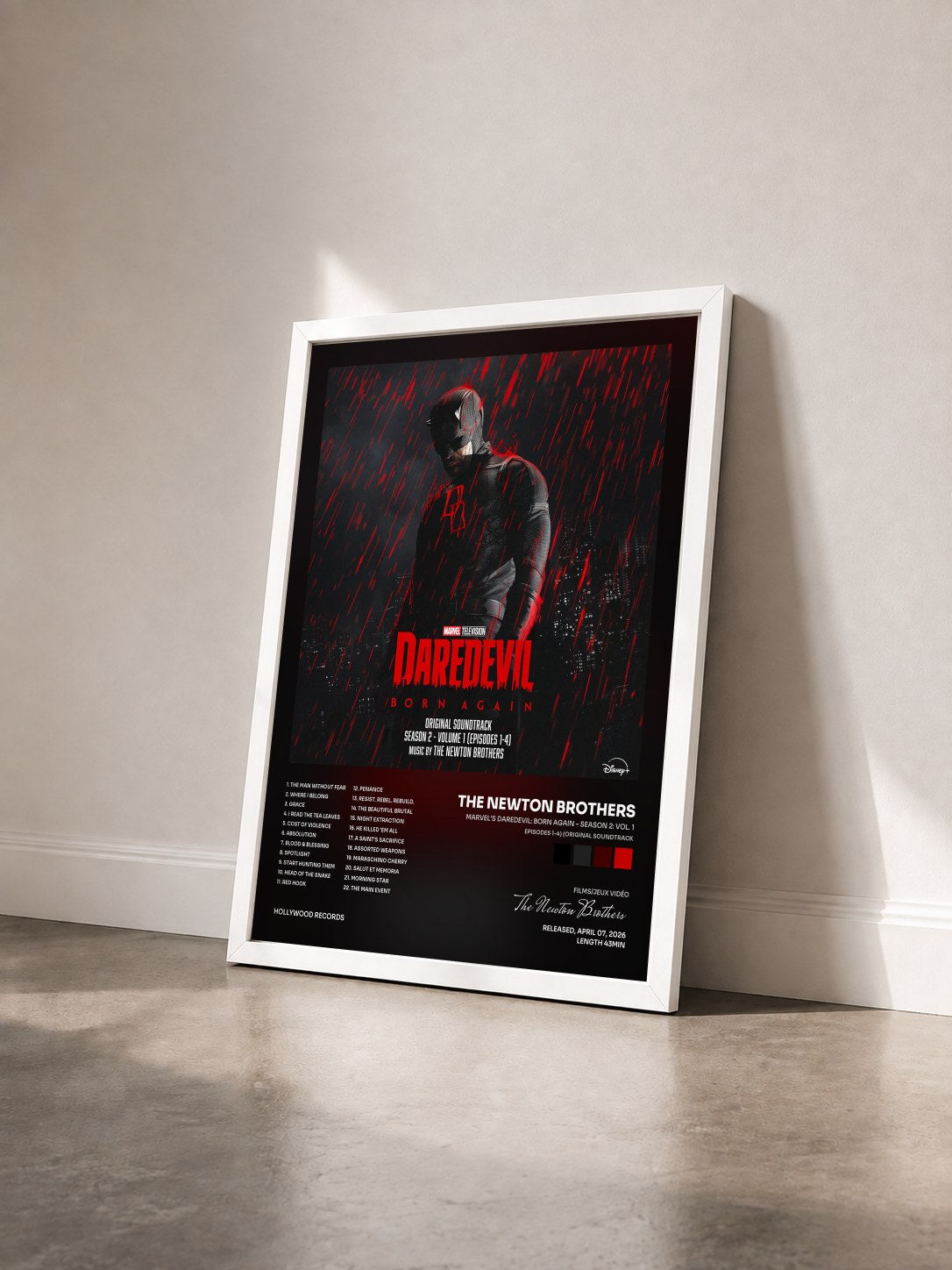 #blanc Tableau de l'album Marvel's Daredevil: Born Again - Season 2: Vol. 1 (Episodes 1-4) (Original Soundtrack) de The Newton Brothers vu de trois quarts, cadre blanc