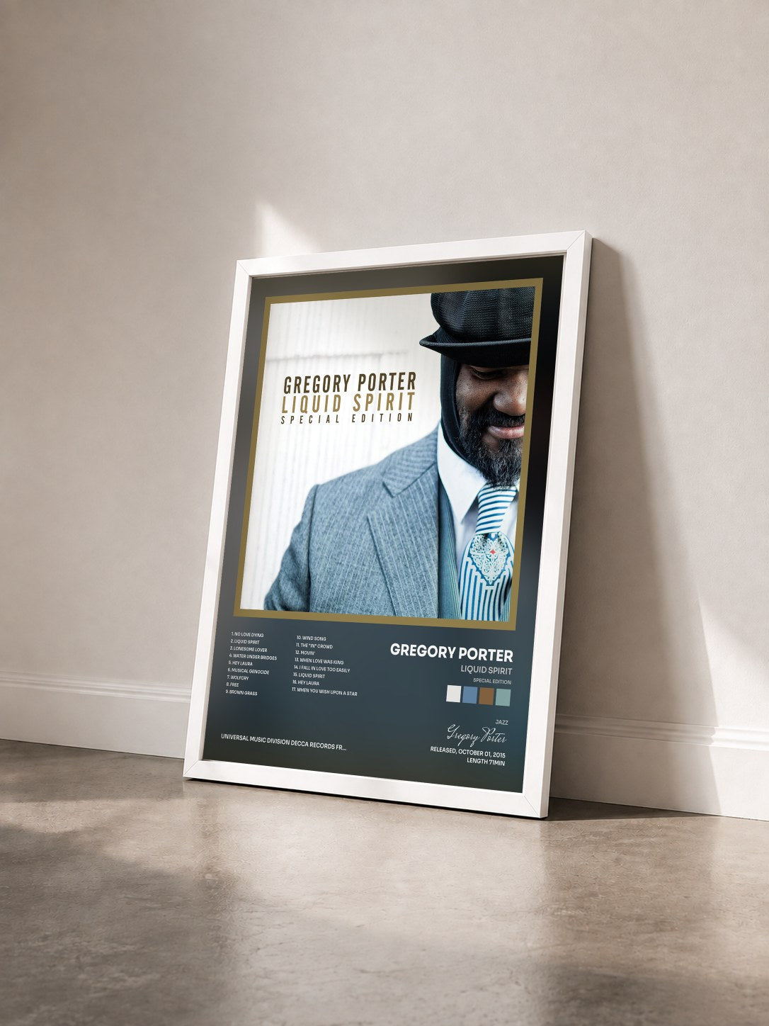 #blanc Liquid Spirit (Special Edition) by Gregory Porter as a framed art print seen at an angle, white frame