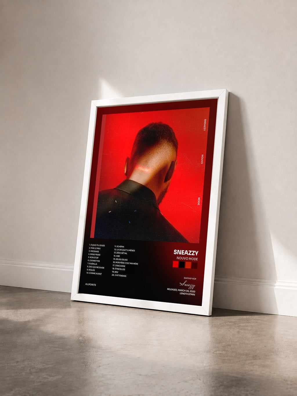 #blanc Tableau de l'album NOUVO MODE de Sneazzy vu de trois quarts, cadre blanc
