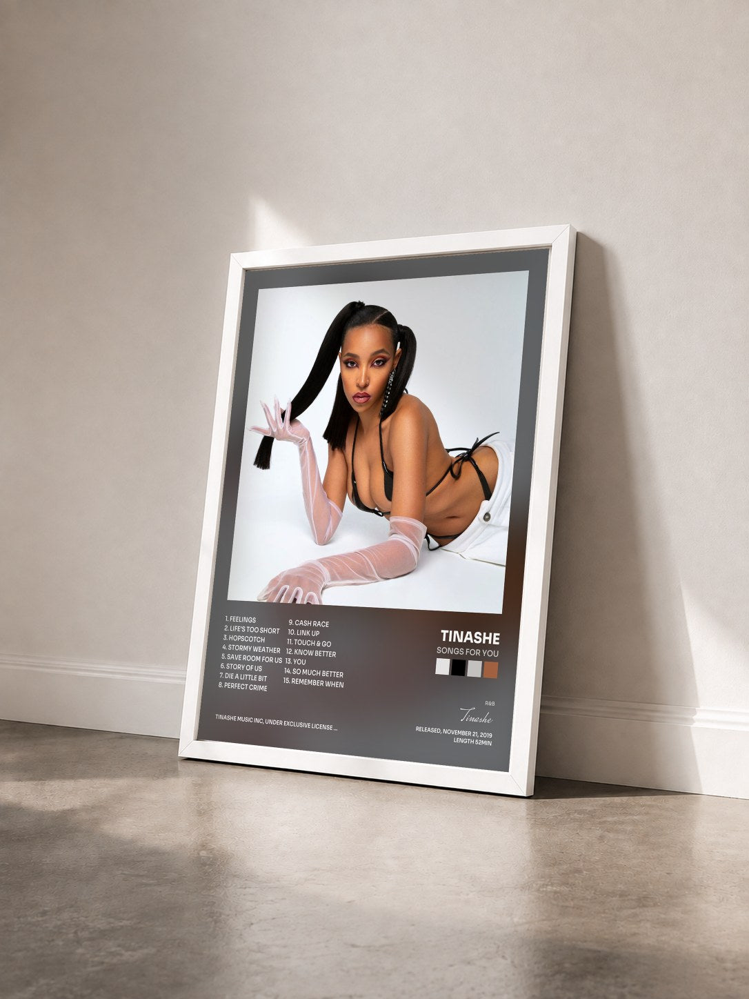 #blanc Songs For You de Tinashe en lámina enmarcada vista de tres cuartos, marco blanco