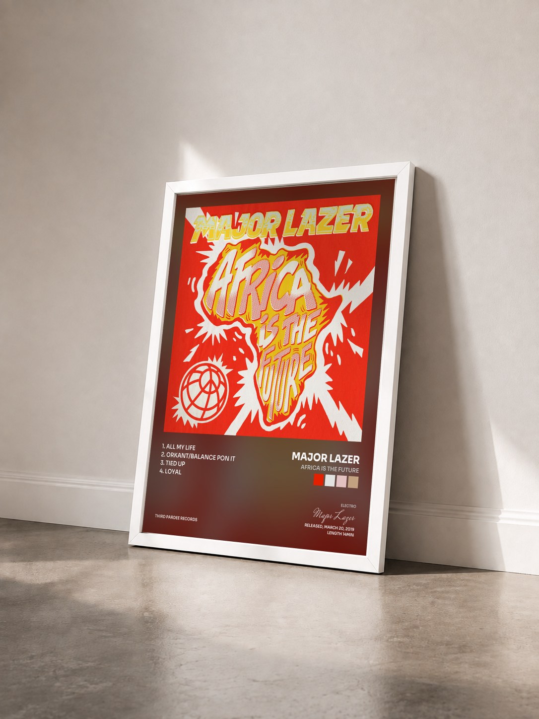 #blanc Tableau de l'album Africa Is The Future de Major Lazer vu de trois quarts, cadre blanc