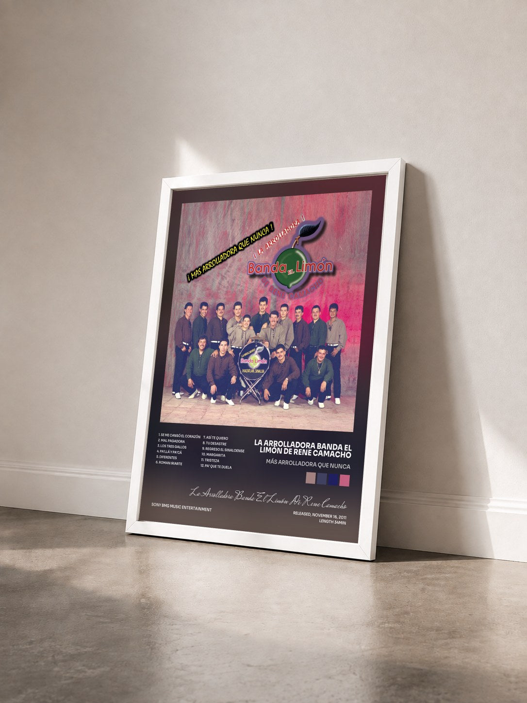 #blanc Tableau de l'album Más Arrolladora Que Nunca de La Arrolladora Banda El Limón De Rene Camacho vu de trois quarts, cadre blanc