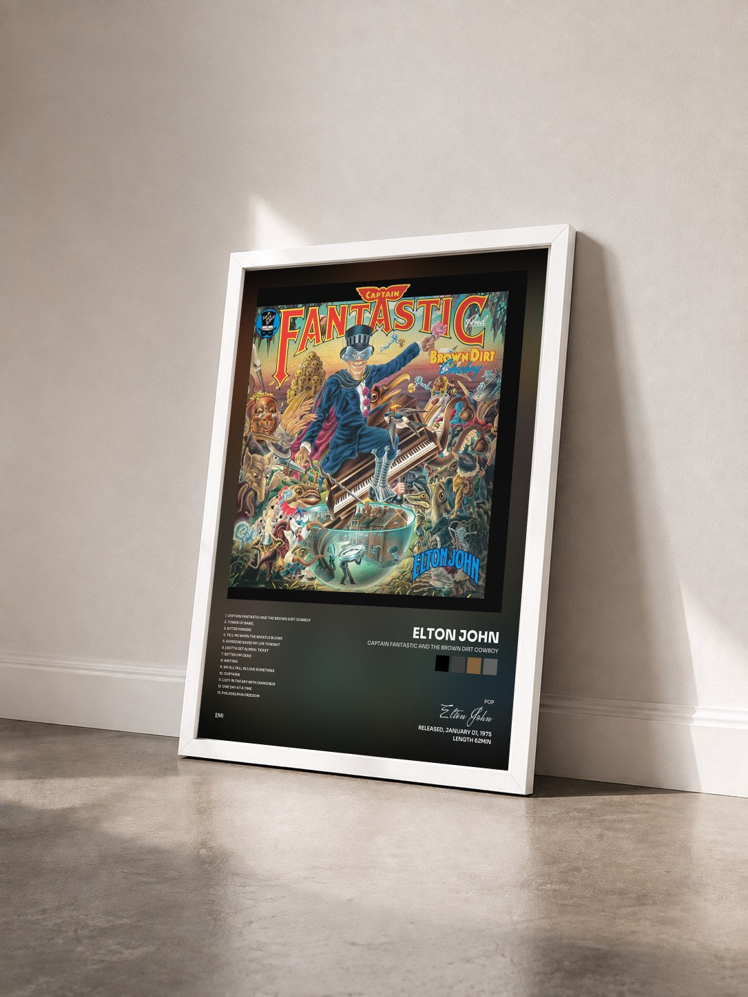 #blanc Tableau de l'album Captain Fantastic And The Brown Dirt Cowboy de Elton John vu de trois quarts, cadre blanc