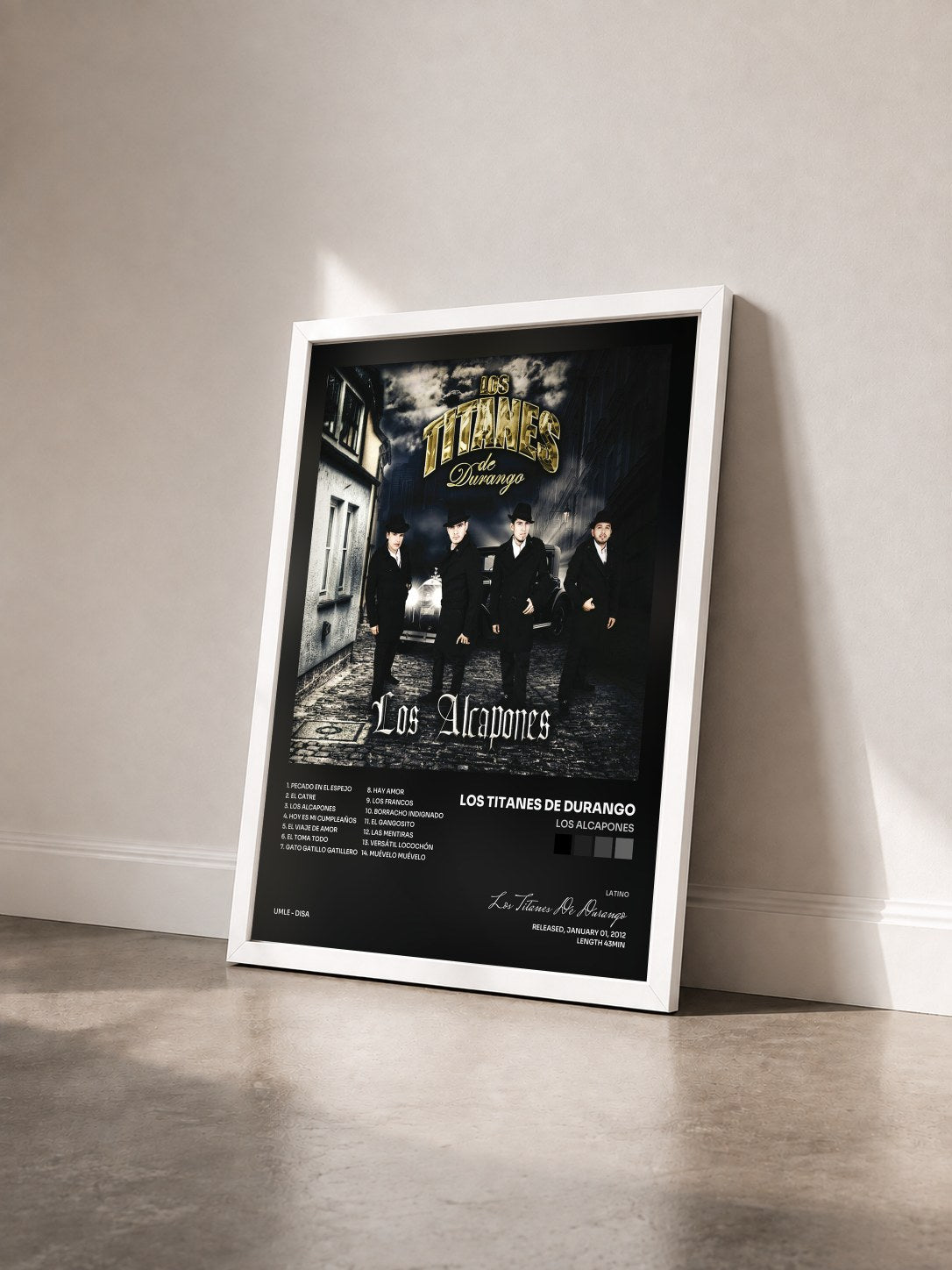 #blanc Tableau de l'album Los Alcapones de Los Titanes De Durango vu de trois quarts, cadre blanc