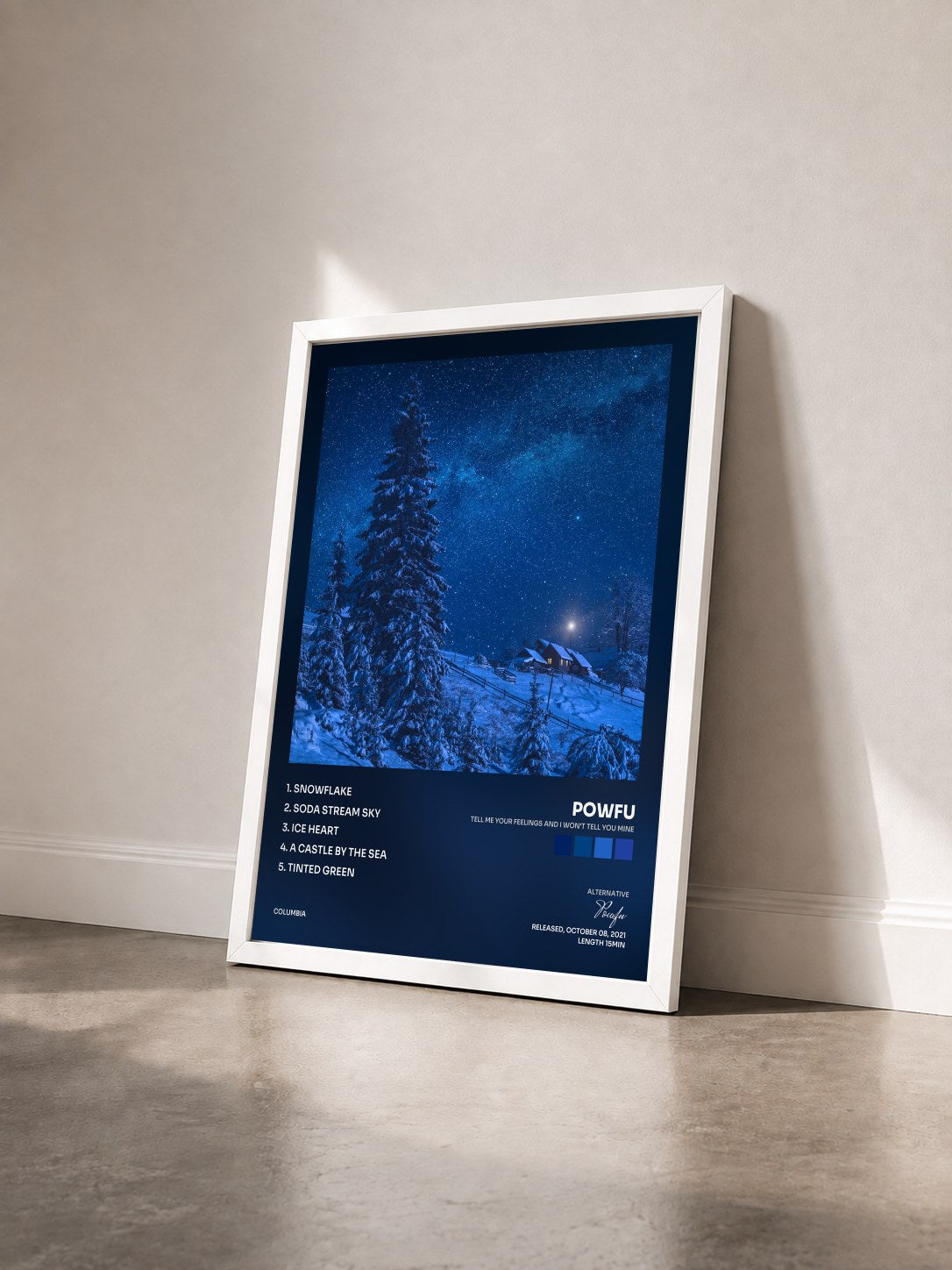 #blanc Tableau de l'album tell me your feelings and i won't tell you mine de Powfu vu de trois quarts, cadre blanc