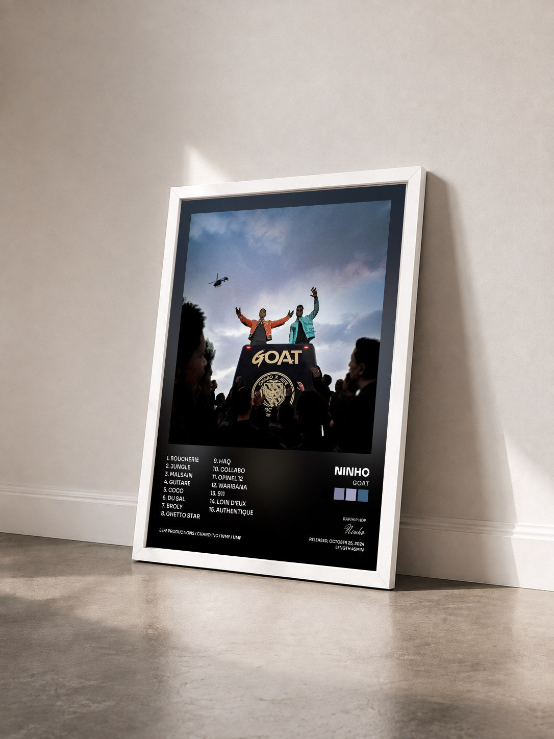 #blanc GOAT by Ninho as a framed art print seen at an angle, white frame