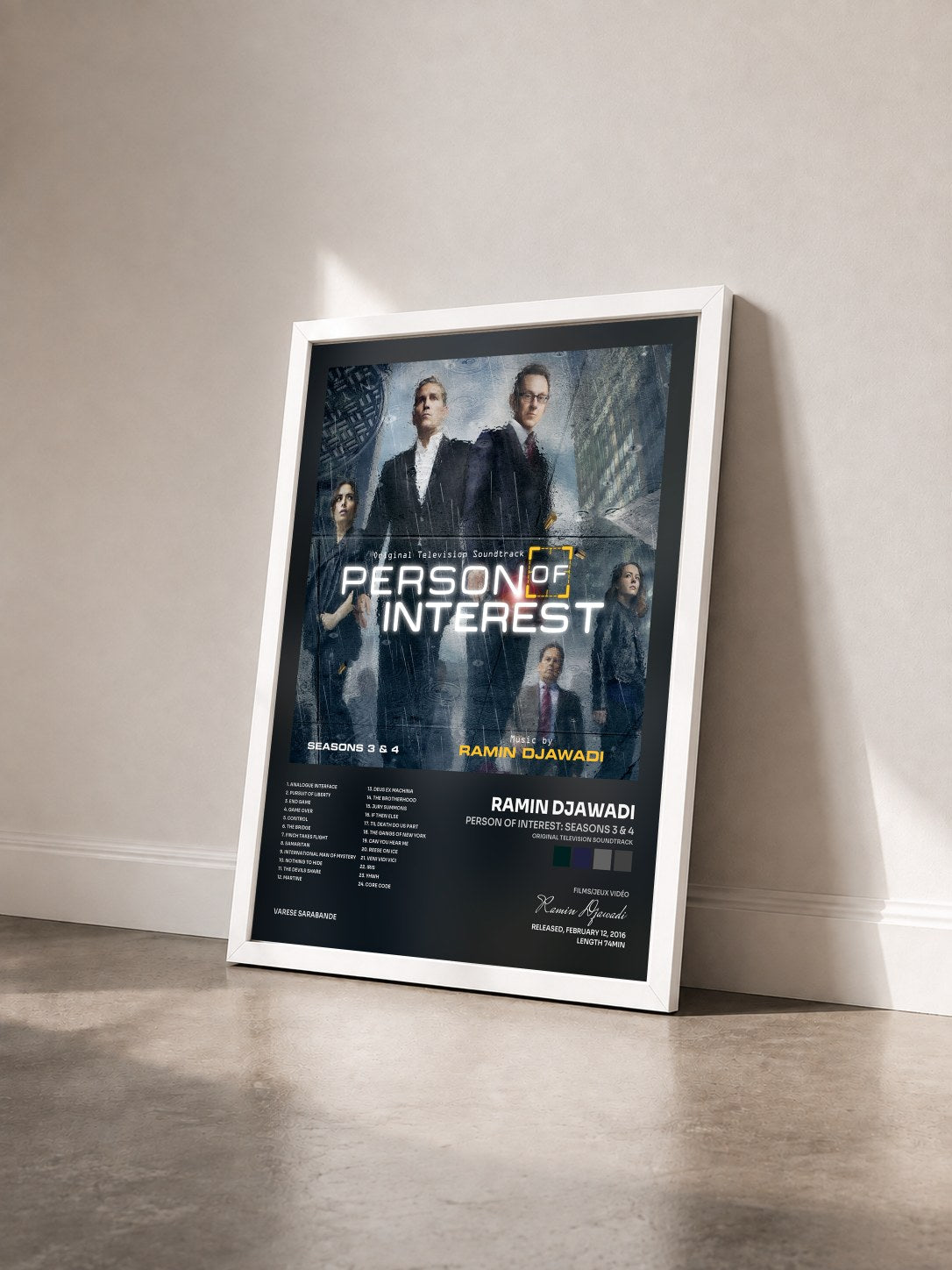 #blanc Tableau de l'album Person Of Interest: Seasons 3 & 4 (Original Television Soundtrack) de Ramin Djawadi vu de trois quarts, cadre blanc