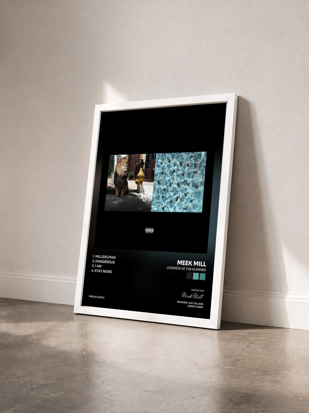 #blanc Tableau de l'album Legends of the Summer de Meek Mill vu de trois quarts, cadre blanc