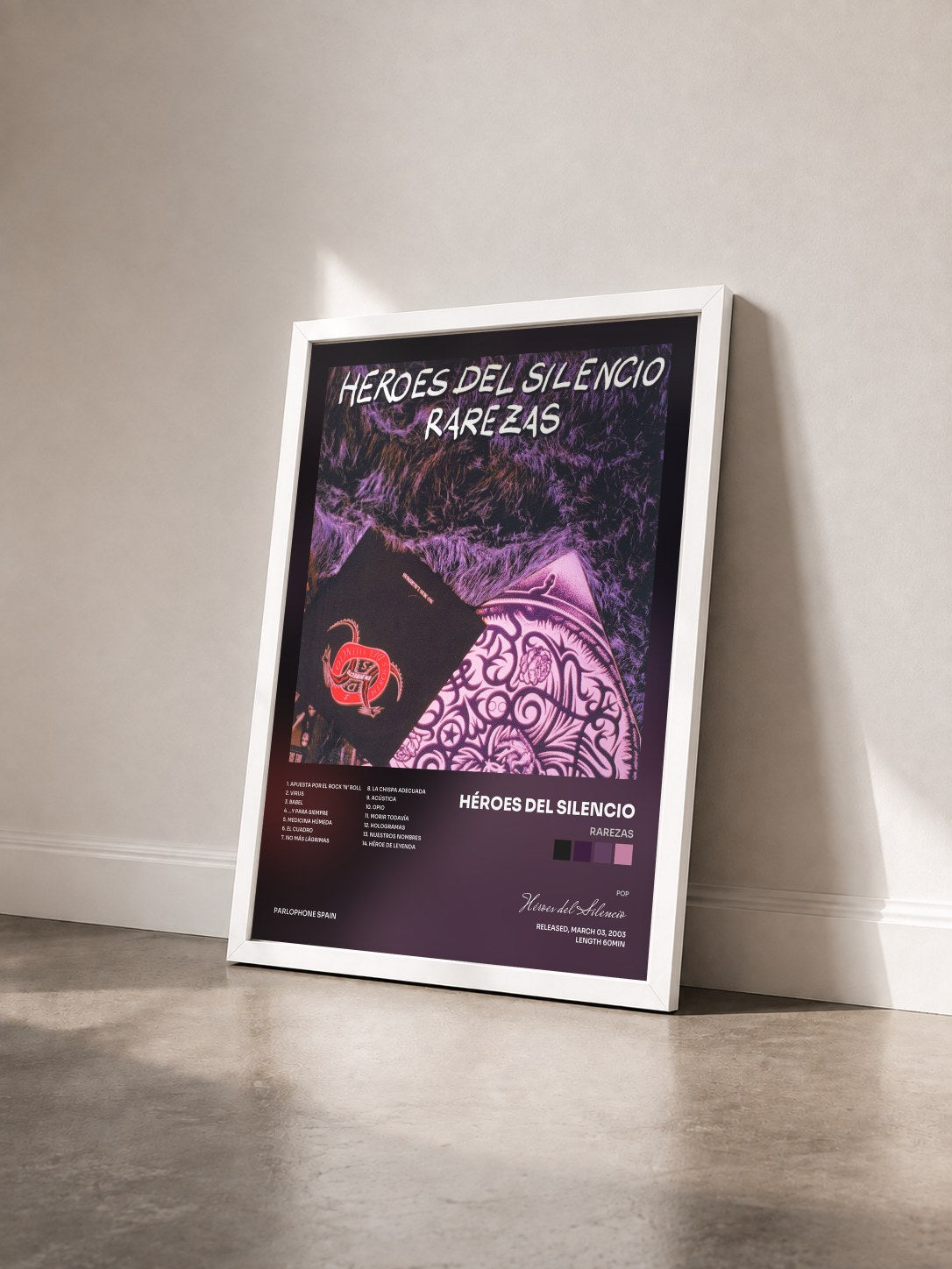 #blanc Tableau de l'album Rarezas de Héroes del Silencio vu de trois quarts, cadre blanc