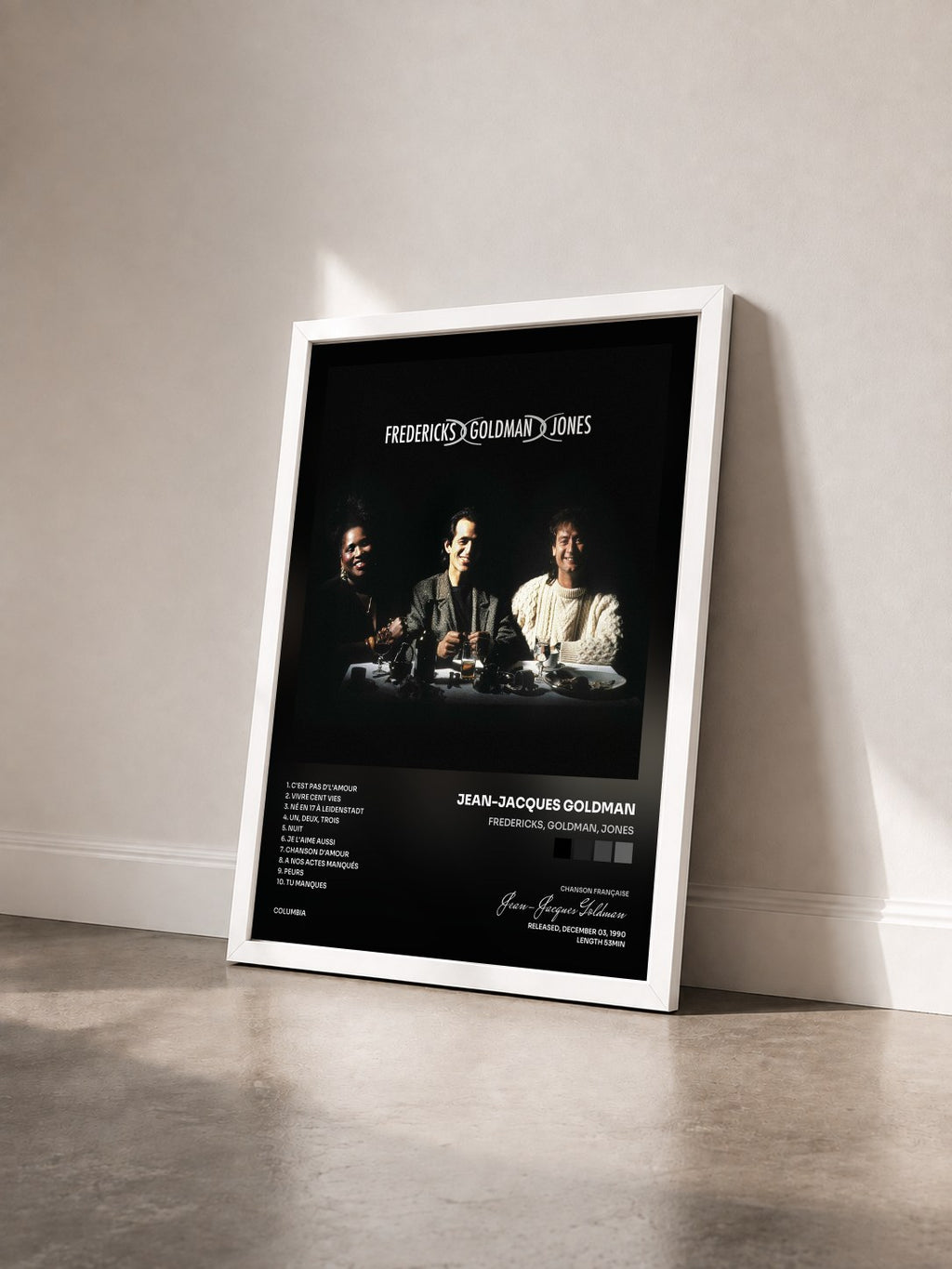 #blanc Tableau de l'album Fredericks, Goldman, Jones de Jean-Jacques Goldman vu de trois quarts, cadre blanc