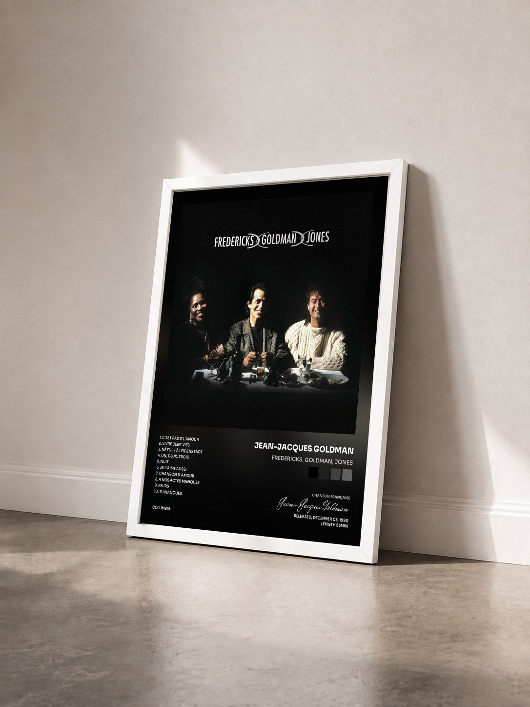 #blanc Tableau de l'album Fredericks, Goldman, Jones de Jean-Jacques Goldman vu de trois quarts, cadre blanc