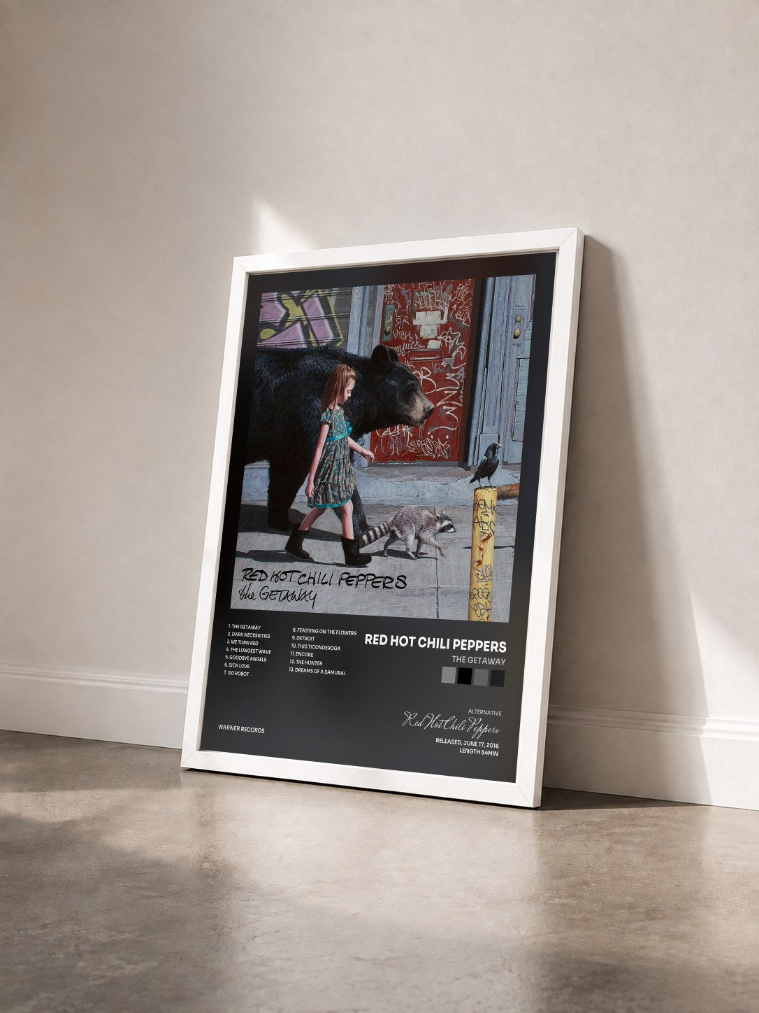 #blanc Tableau de l'album The Getaway de Red Hot Chili Peppers vu de trois quarts, cadre blanc
