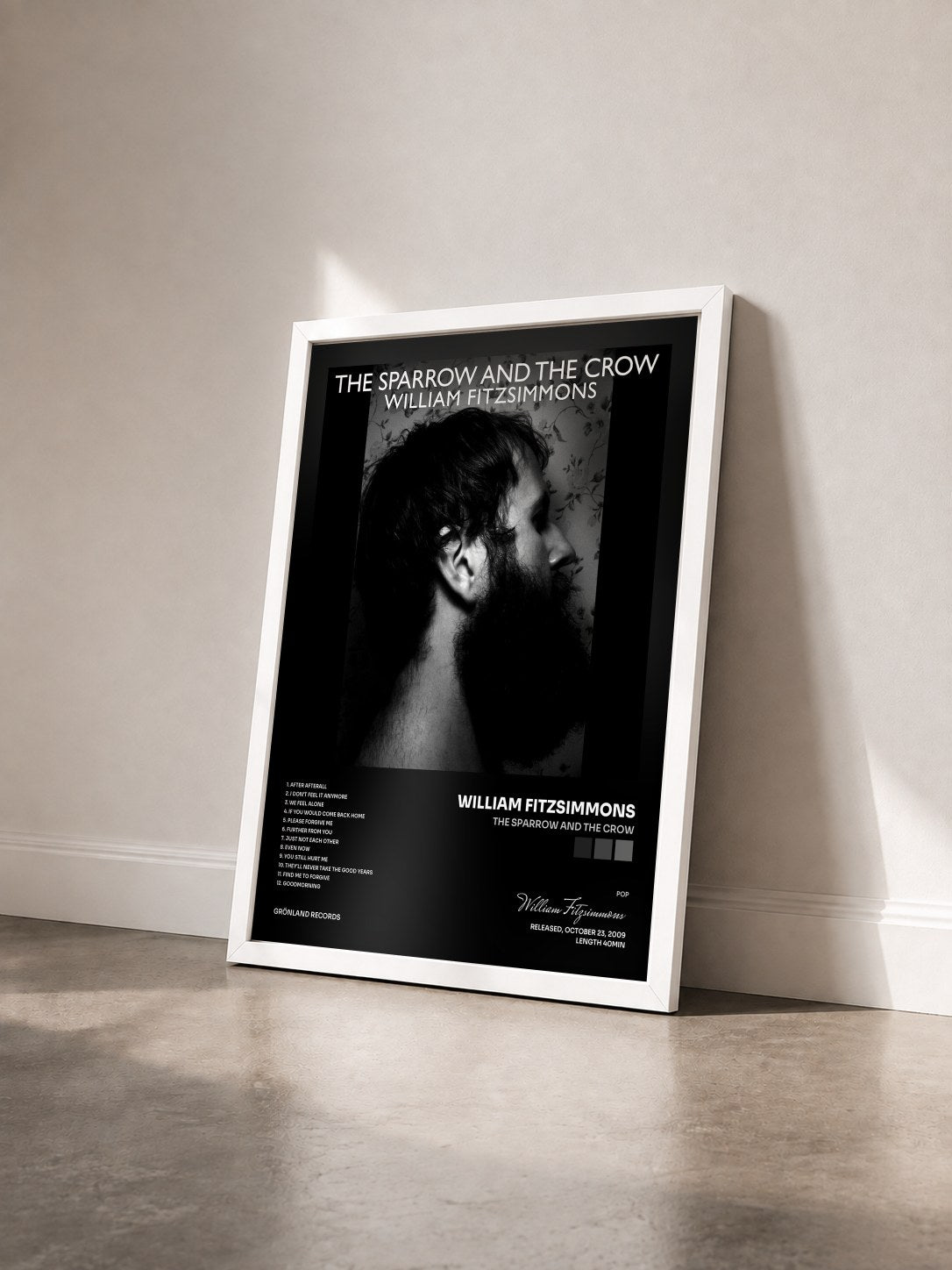 #blanc Tableau de l'album The Sparrow and the Crow de William Fitzsimmons vu de trois quarts, cadre blanc