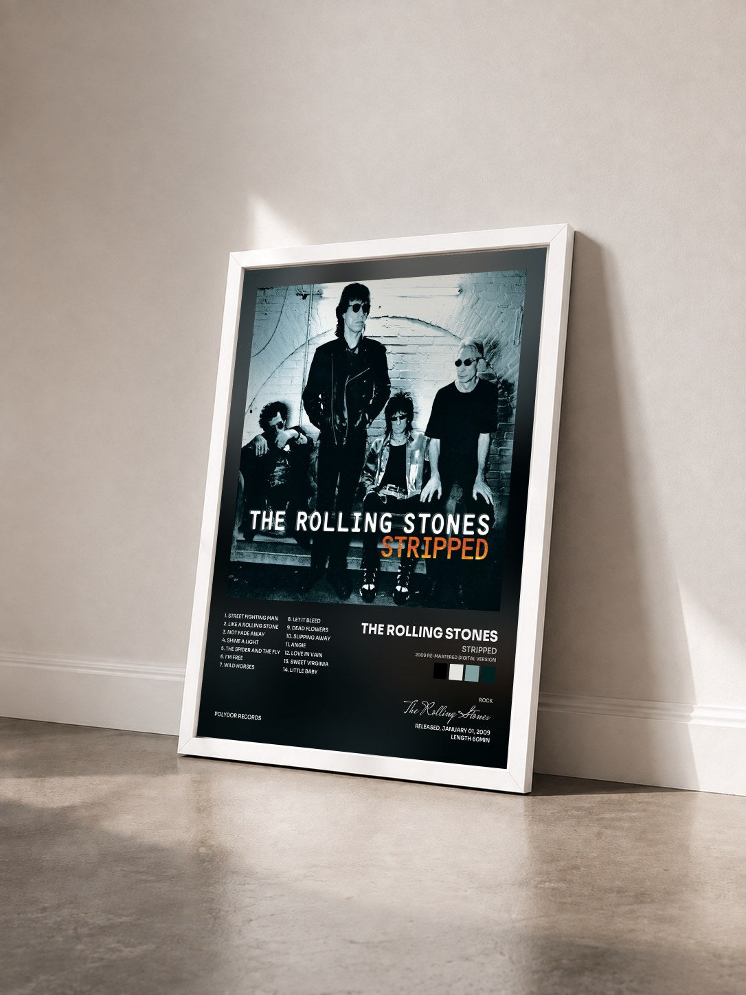 #blanc Tableau de l'album Stripped (2009 Re-Mastered Digital Version) de The Rolling Stones vu de trois quarts, cadre blanc