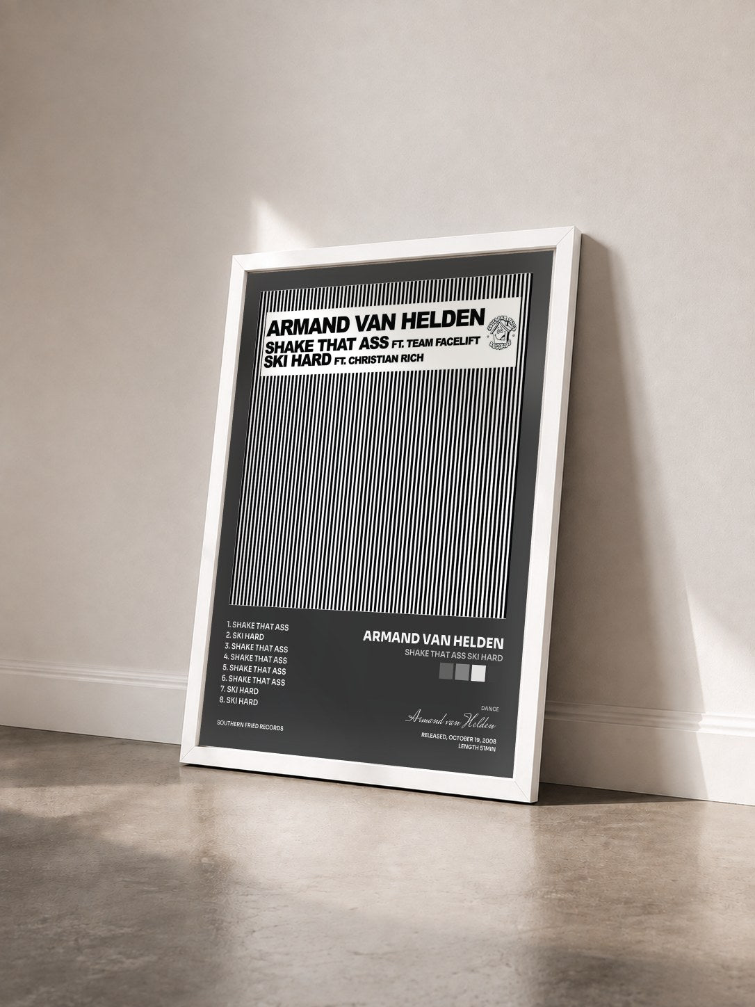 #blanc Tableau de l'album Shake That Ass Ski Hard de Armand van Helden vu de trois quarts, cadre blanc