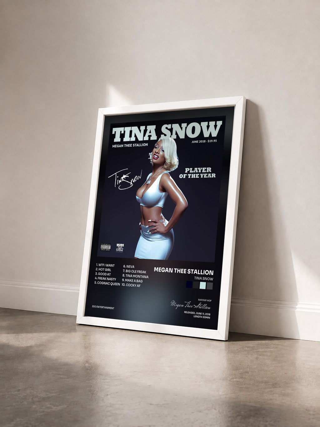 #blanc Tableau de l'album Tina Snow de Megan Thee Stallion vu de trois quarts, cadre blanc