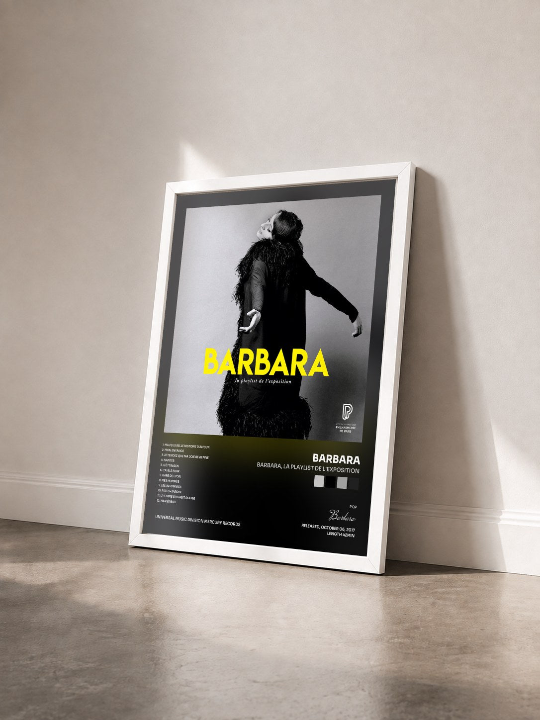 #blanc Tableau de l'album Barbara, la playlist de l'exposition de Barbara vu de trois quarts, cadre blanc