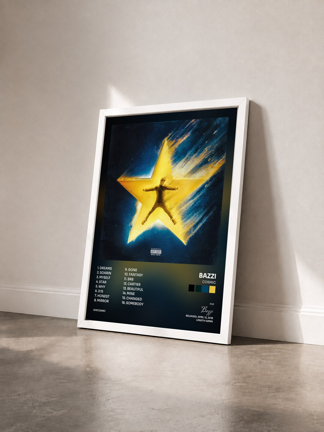 #blanc Tableau de l'album COSMIC de Bazzi vu de trois quarts, cadre blanc