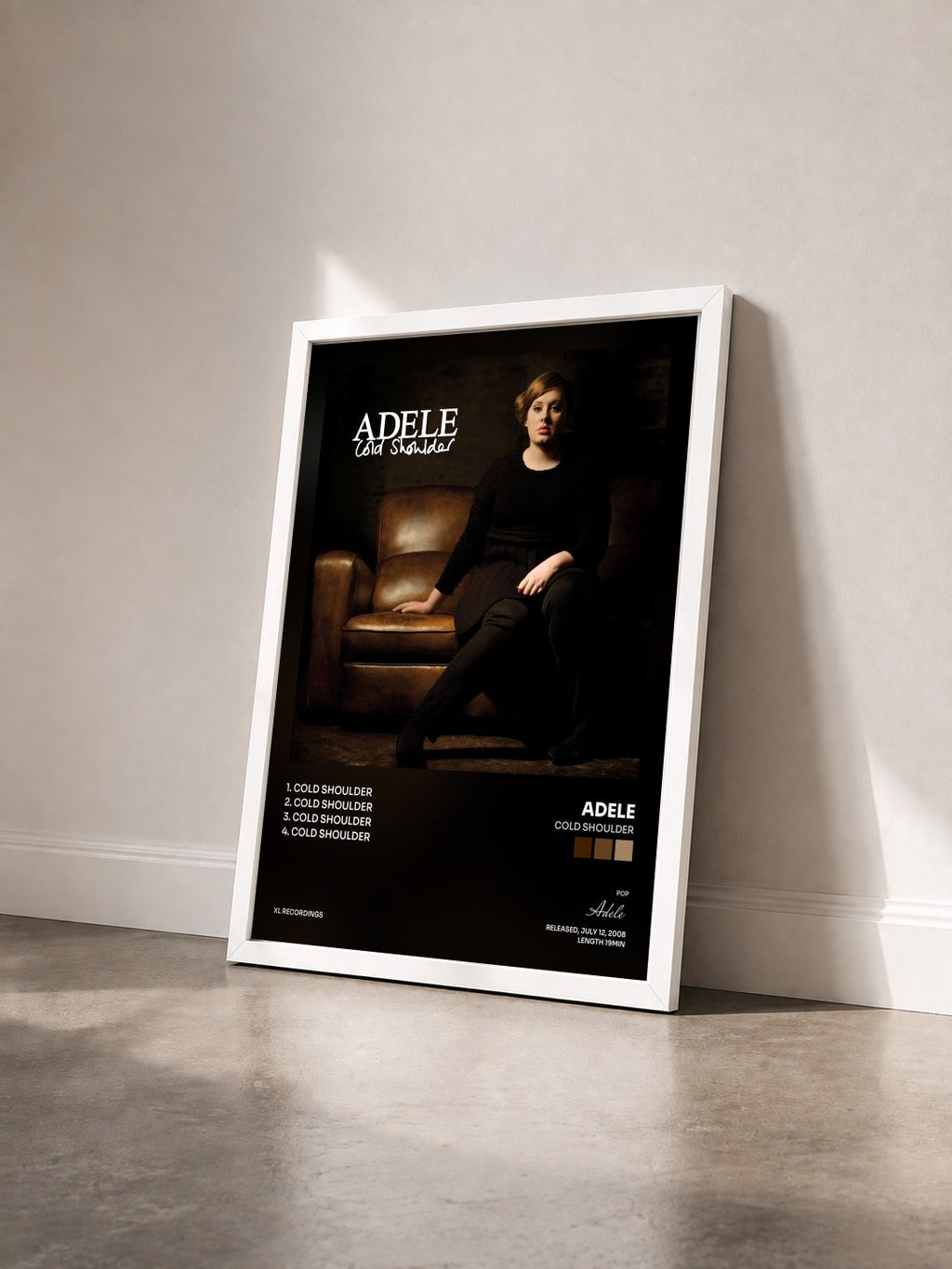 #blanc Tableau de l'album Cold Shoulder de Adele vu de trois quarts, cadre blanc