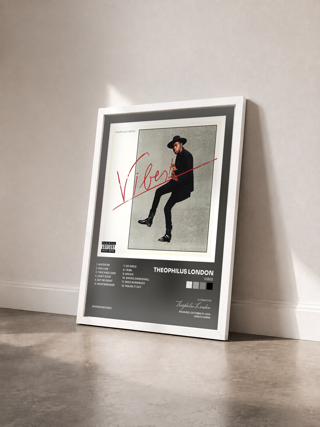 #blanc Tableau de l'album Vibes de Theophilus London vu de trois quarts, cadre blanc