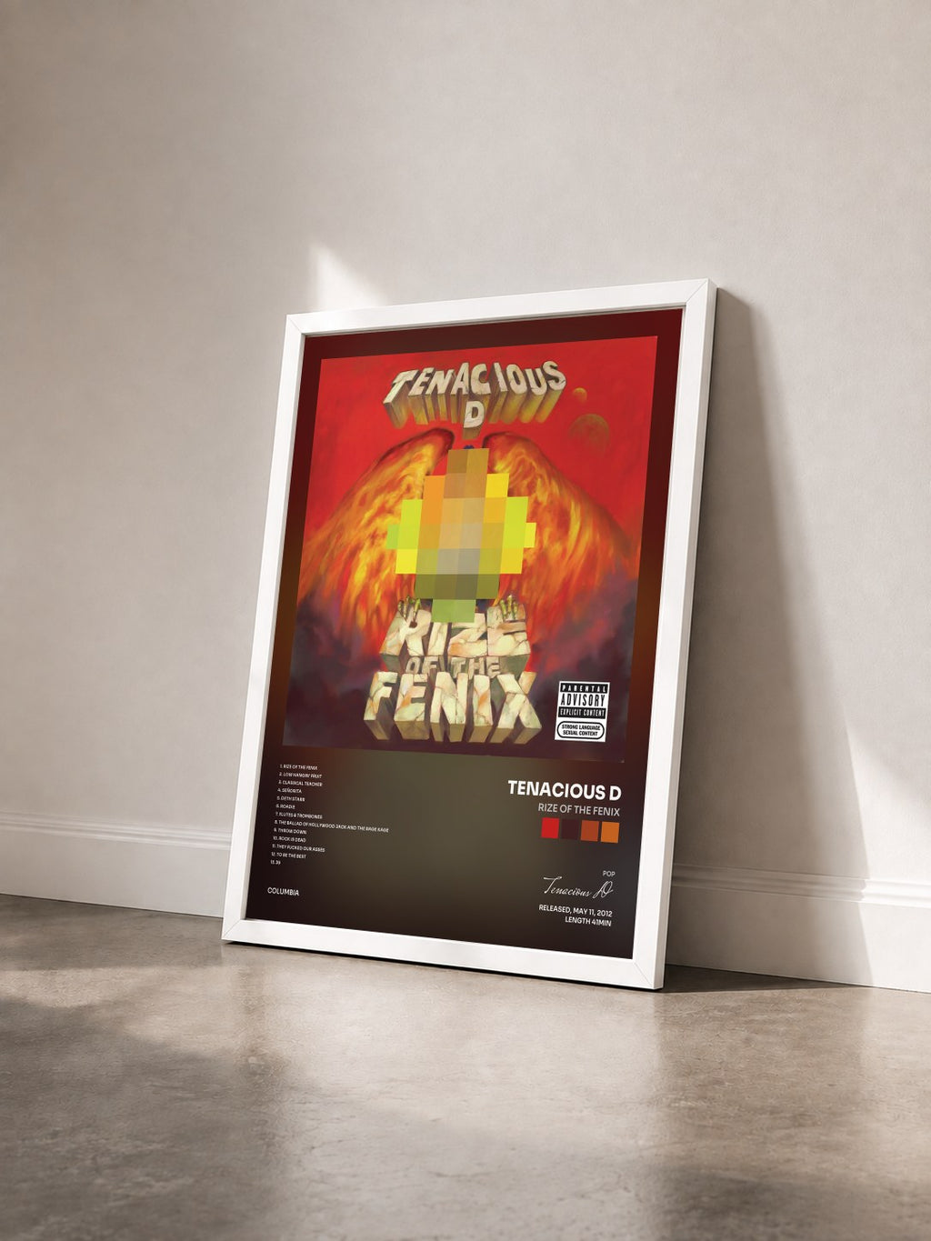 #blanc Rize Of The Fenix by Tenacious D as a framed art print seen at an angle, white frame