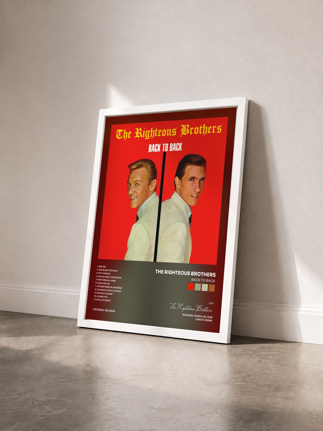#blanc Tableau de l'album Back To Back de The Righteous Brothers vu de trois quarts, cadre blanc