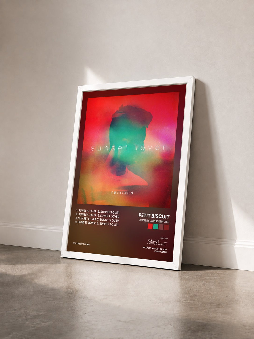 #blanc Tableau de l'album Sunset Lover Remixes de Petit Biscuit vu de trois quarts, cadre blanc