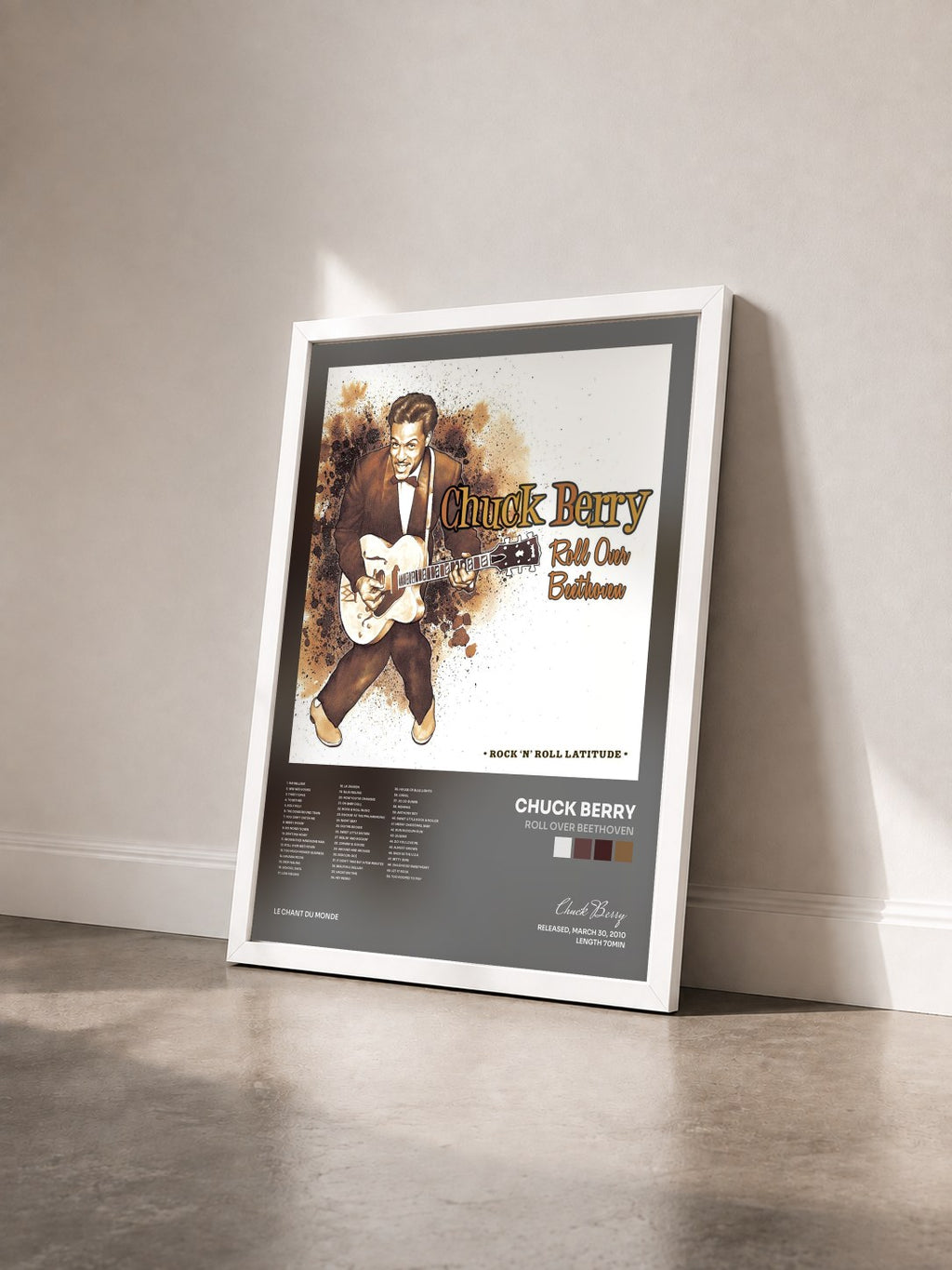 #blanc Tableau de l'album Roll Over Beethoven de Chuck Berry vu de trois quarts, cadre blanc