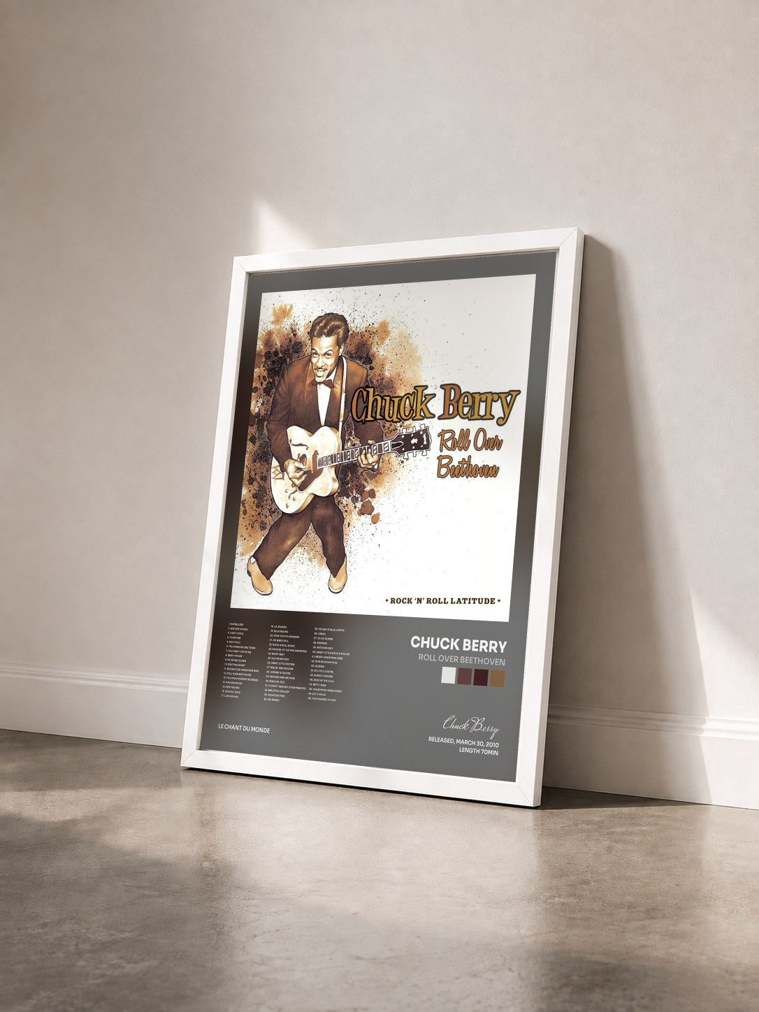 #blanc Tableau de l'album Roll Over Beethoven de Chuck Berry vu de trois quarts, cadre blanc