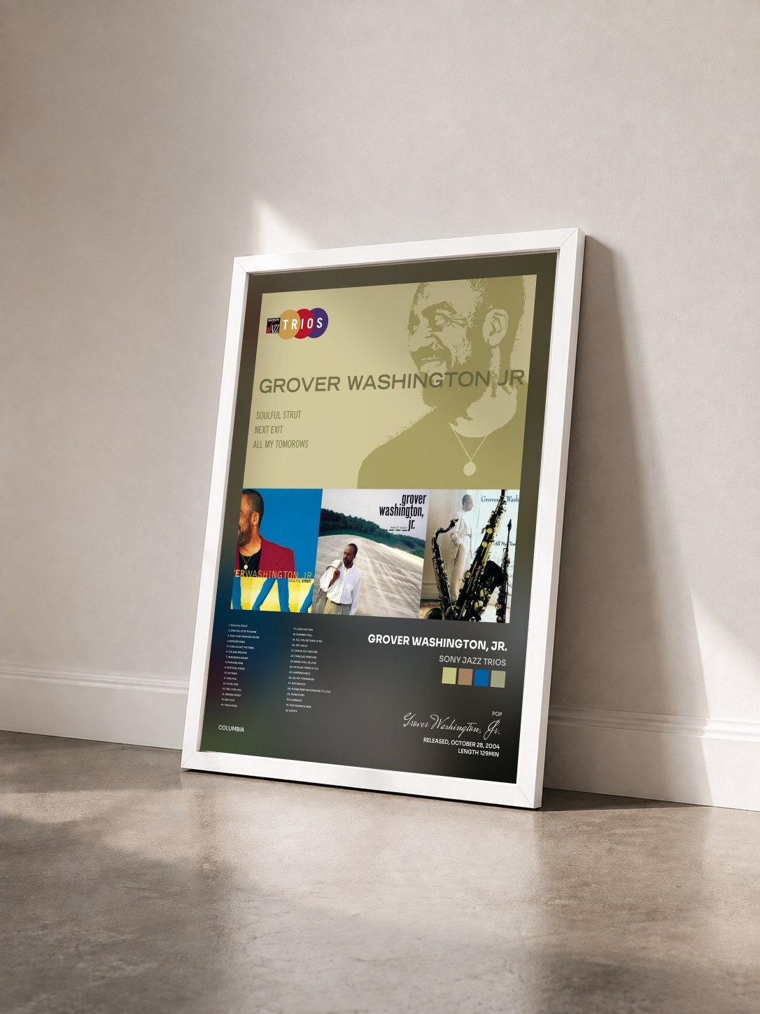 #blanc Tableau de l'album Sony Jazz Trios de Grover Washington, Jr. vu de trois quarts, cadre blanc