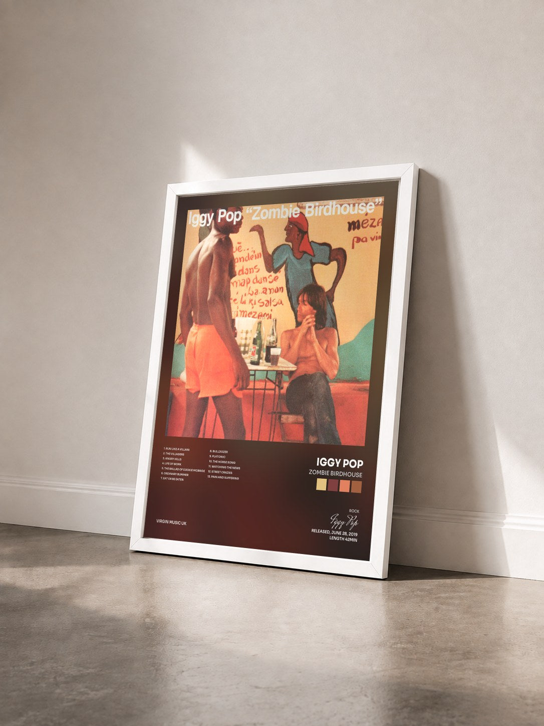 #blanc Tableau de l'album Zombie Birdhouse de Iggy Pop vu de trois quarts, cadre blanc