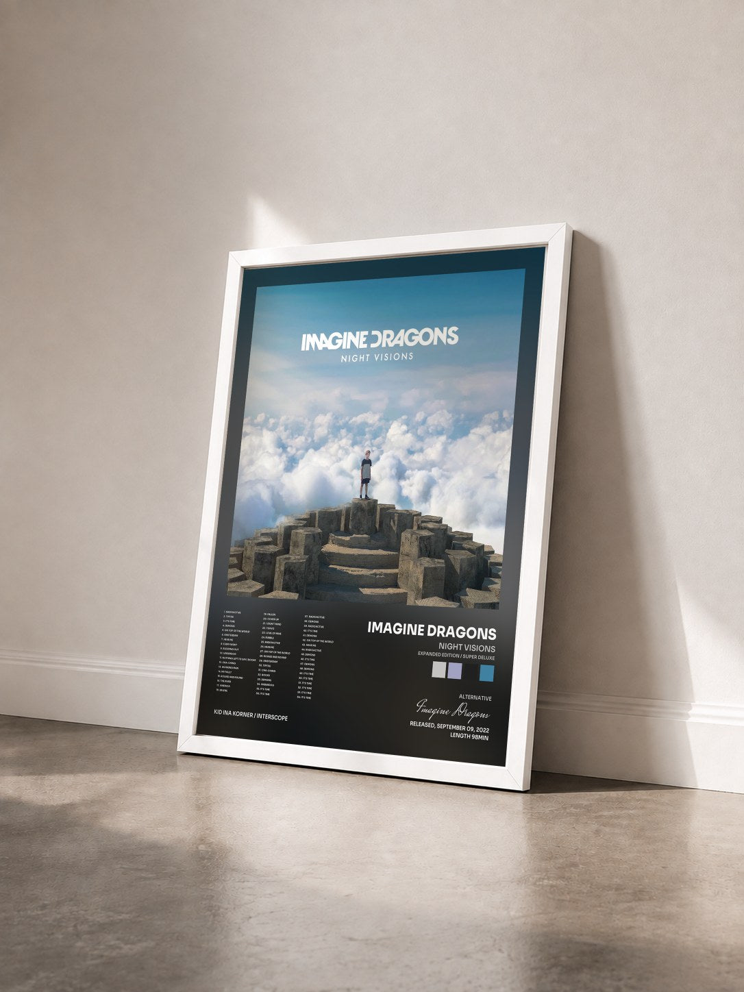 #blanc Tableau de l'album Night Visions (Expanded Edition / Super Deluxe) de Imagine Dragons vu de trois quarts, cadre blanc