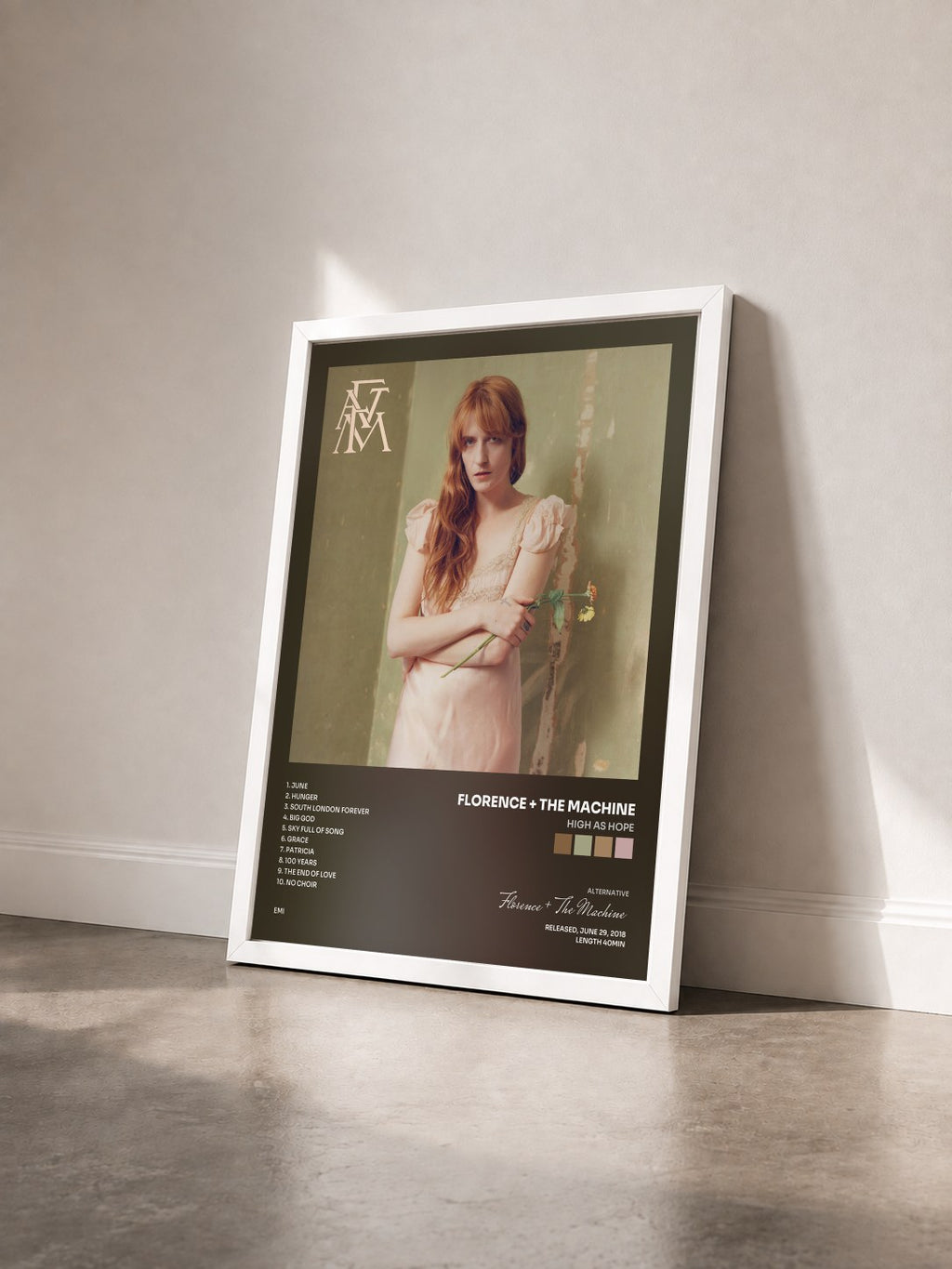 #blanc Tableau de l'album High As Hope de Florence + The Machine vu de trois quarts, cadre blanc