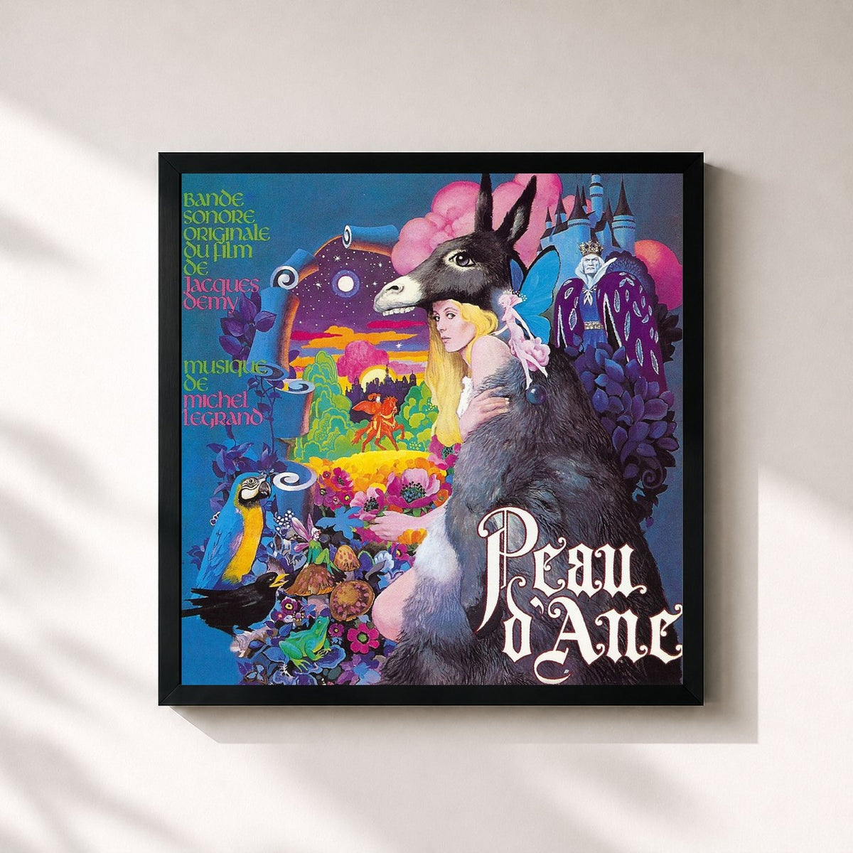 #noir Tableau carré de l'album Peau d'âne (Bande sonore originale du film de Jacques Demy) de Michel Legrand, cadre noir 32x32 cm
