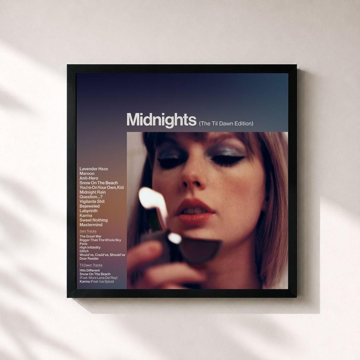 #noir Tableau carré de l'album Midnights (The Til Dawn Edition) de Taylor Swift, cadre noir 32x32 cm