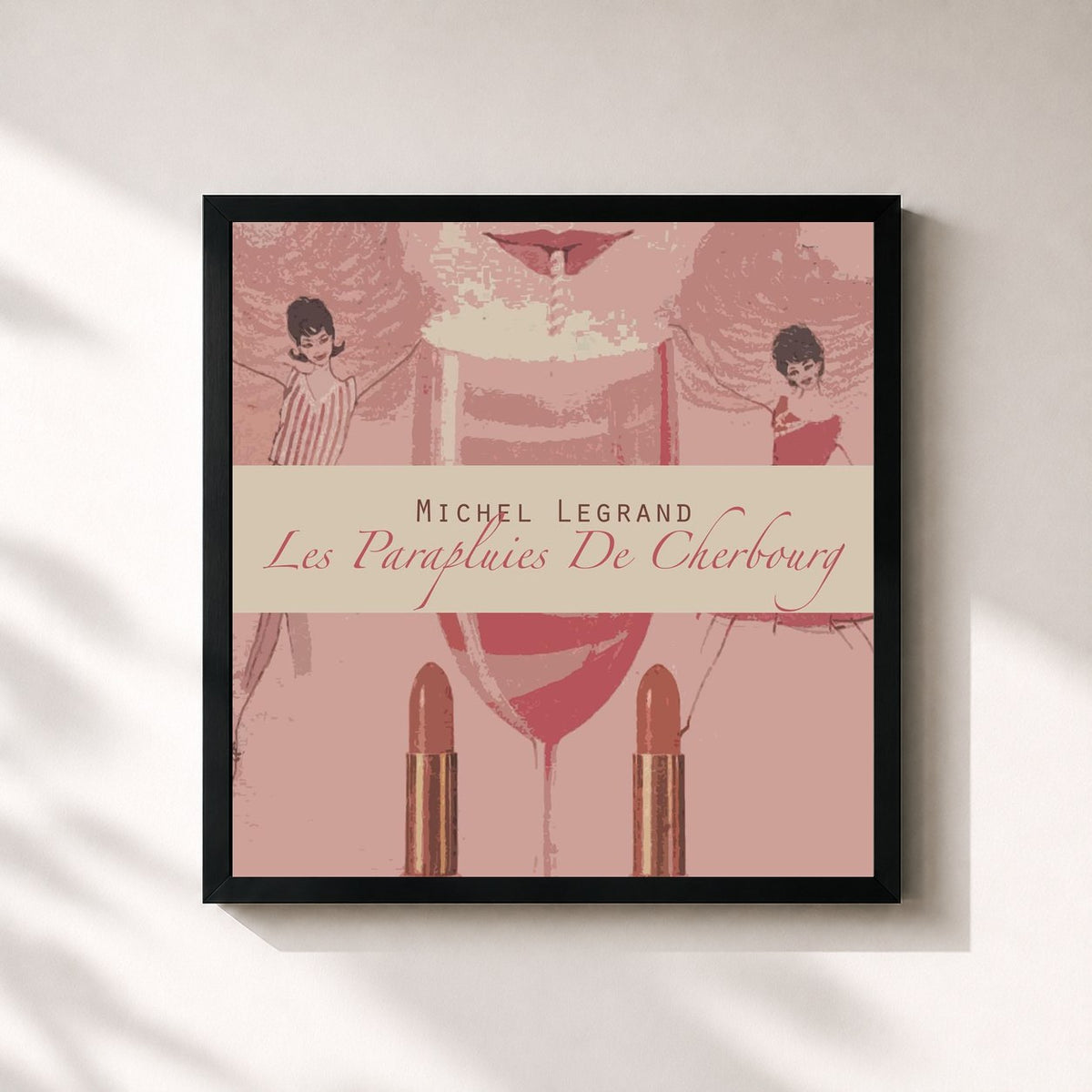 #noir Tableau carré de l'album Les Parapluies De Cherbourg de Michel Legrand, cadre noir 32x32 cm
