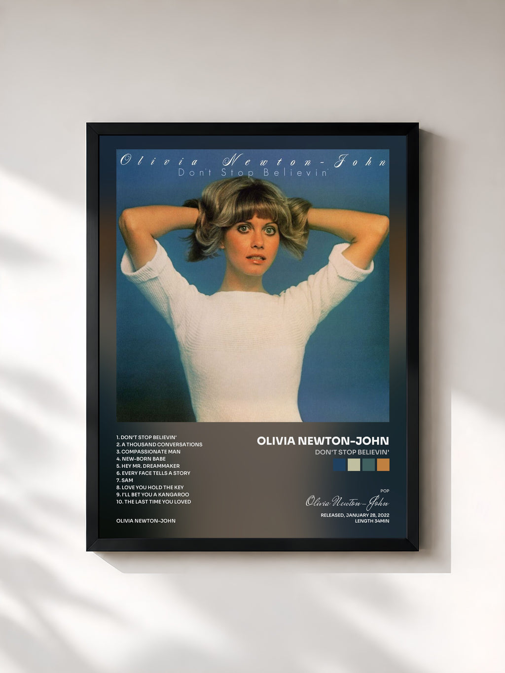 #noir Tableau de l'album Don't Stop Believin' de Olivia Newton-John, cadre noir, imprimé et encadré en France