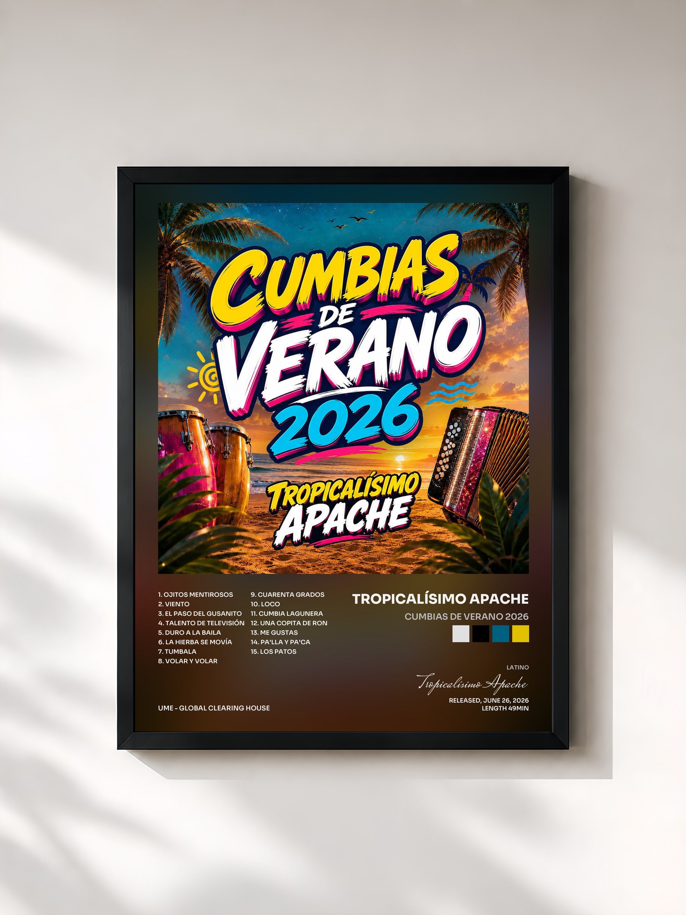 #noir Tableau de l'album CUMBIAS DE VERANO 2026 de Tropicalísimo Apache, cadre noir, imprimé et encadré en France