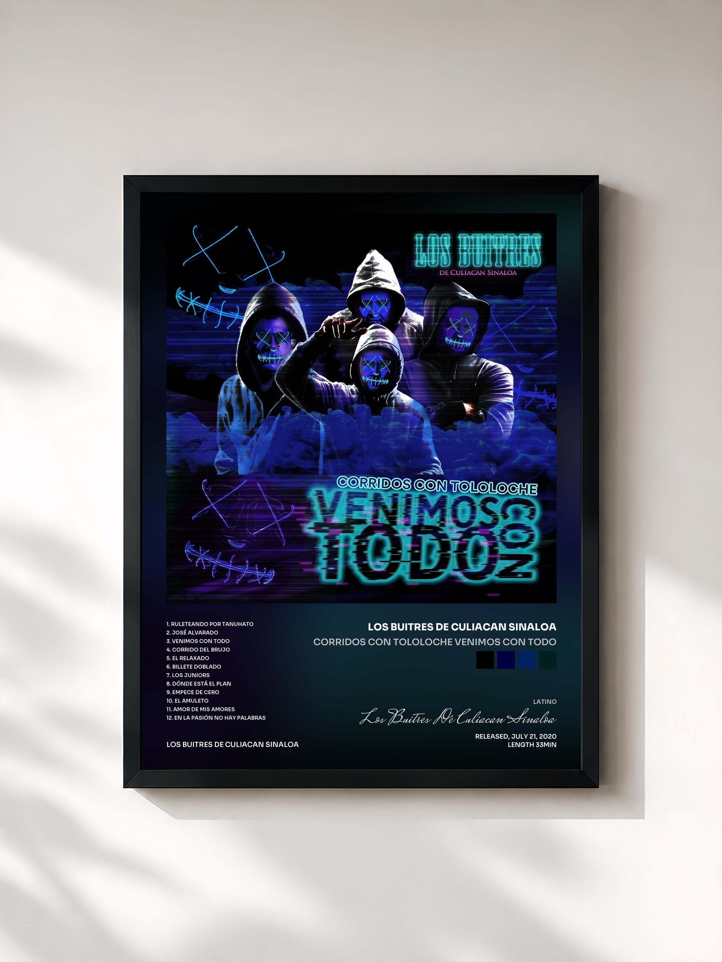 #noir Tableau de l'album Corridos Con Tololoche Venimos Con Todo de Los Buitres De Culiacan Sinaloa, cadre noir, imprimé et encadré en France