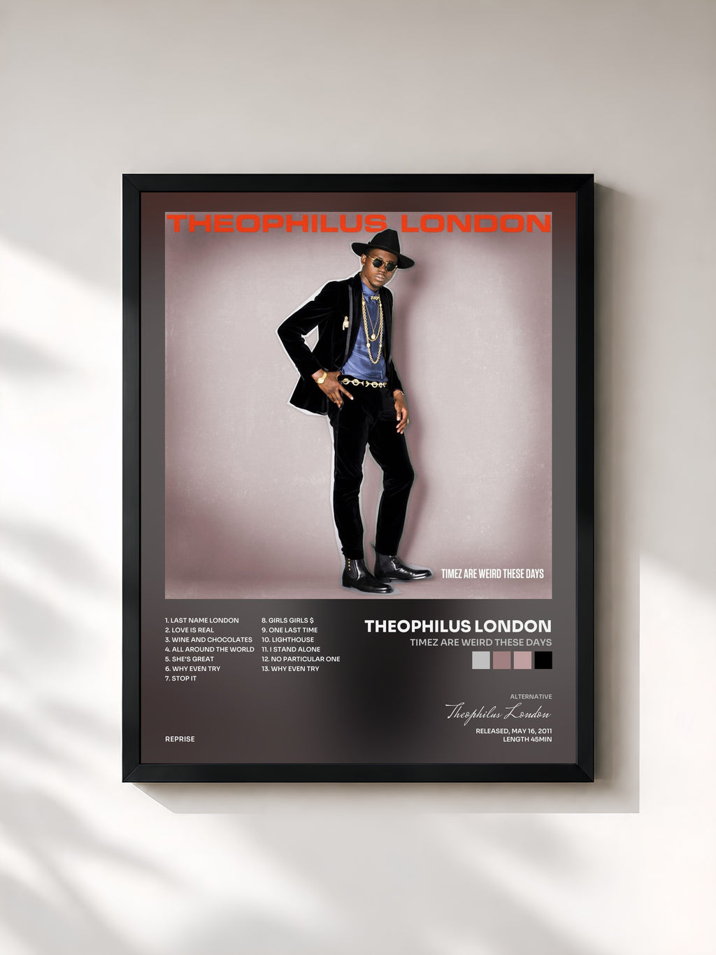 #noir Tableau de l'album Timez Are Weird These Days de Theophilus London, cadre noir, imprimé et encadré en France