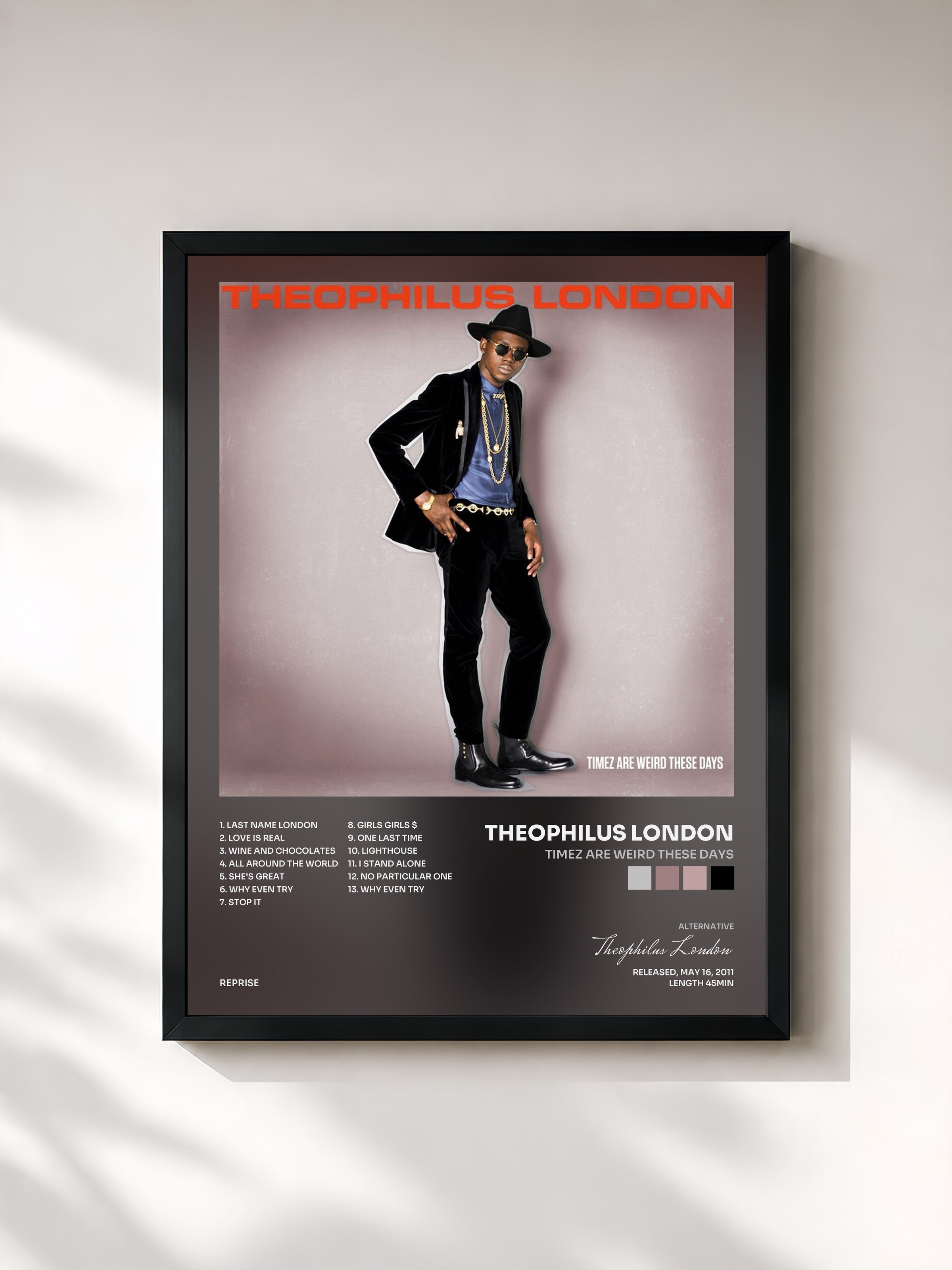 #noir Tableau de l'album Timez Are Weird These Days de Theophilus London, cadre noir, imprimé et encadré en France