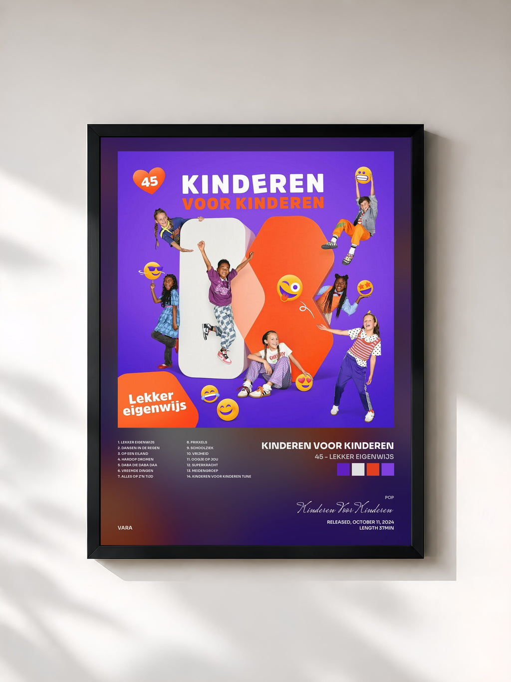 #noir Tableau de l'album 45 - Lekker eigenwijs de Kinderen Voor Kinderen, cadre noir, imprimé et encadré en France