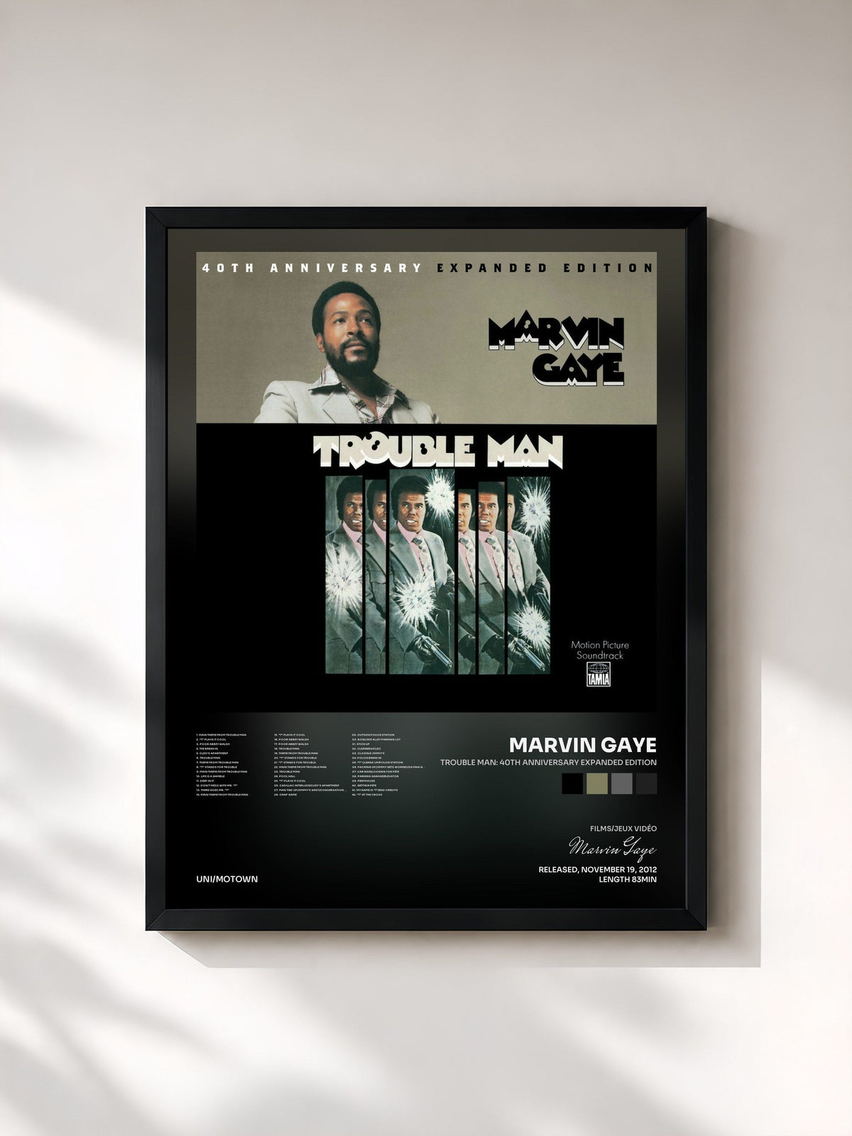 #noir Tableau de l'album Trouble Man: 40th Anniversary Expanded Edition de Marvin Gaye, cadre noir, imprimé et encadré en France