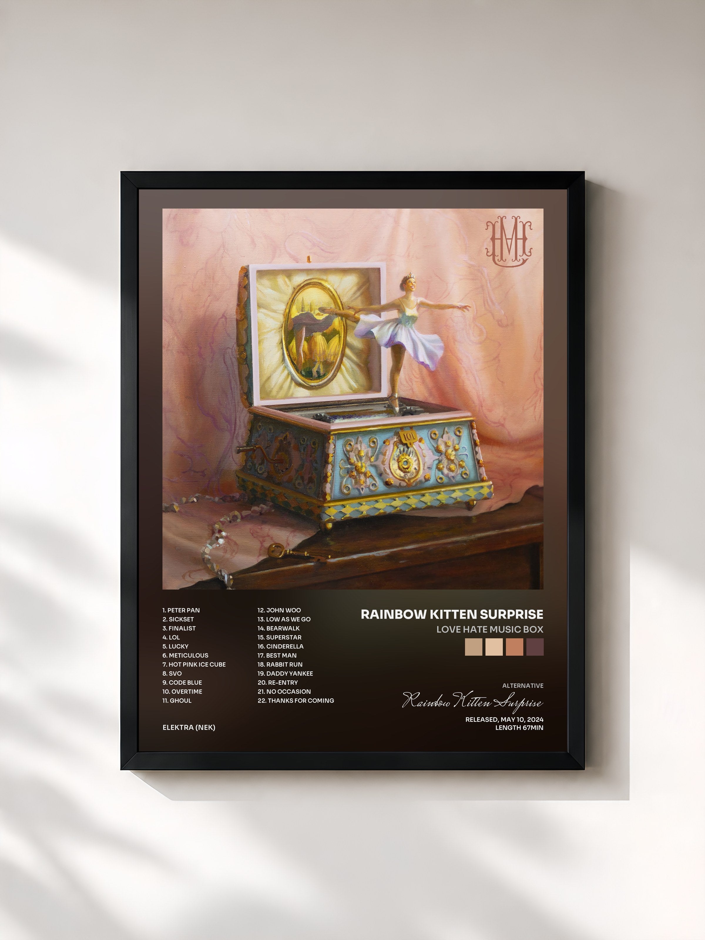#noir Tableau de l'album Love Hate Music Box de Rainbow Kitten Surprise, cadre noir, imprimé et encadré en France